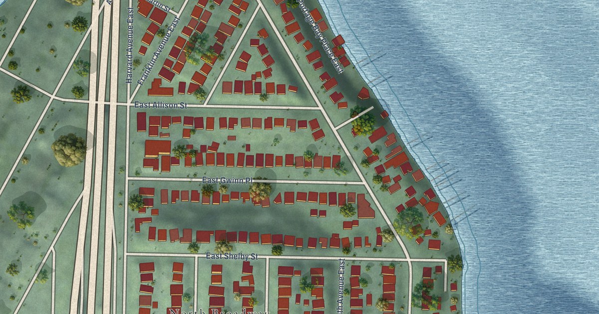 Close-up of streets and buildings in Portage Bay, Washington