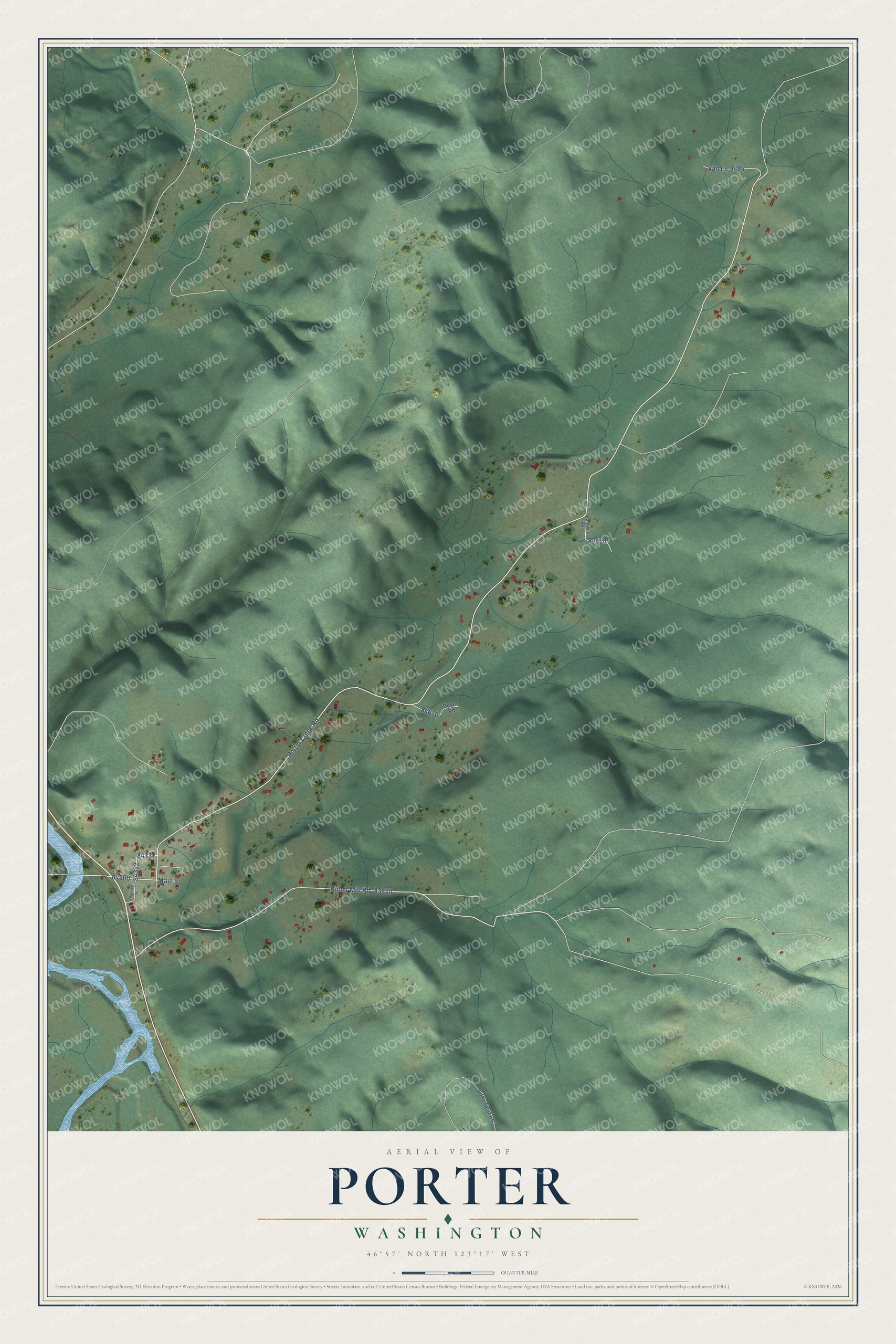 Full map of Porter, Washington, with red buildings, printed street names and the land around them