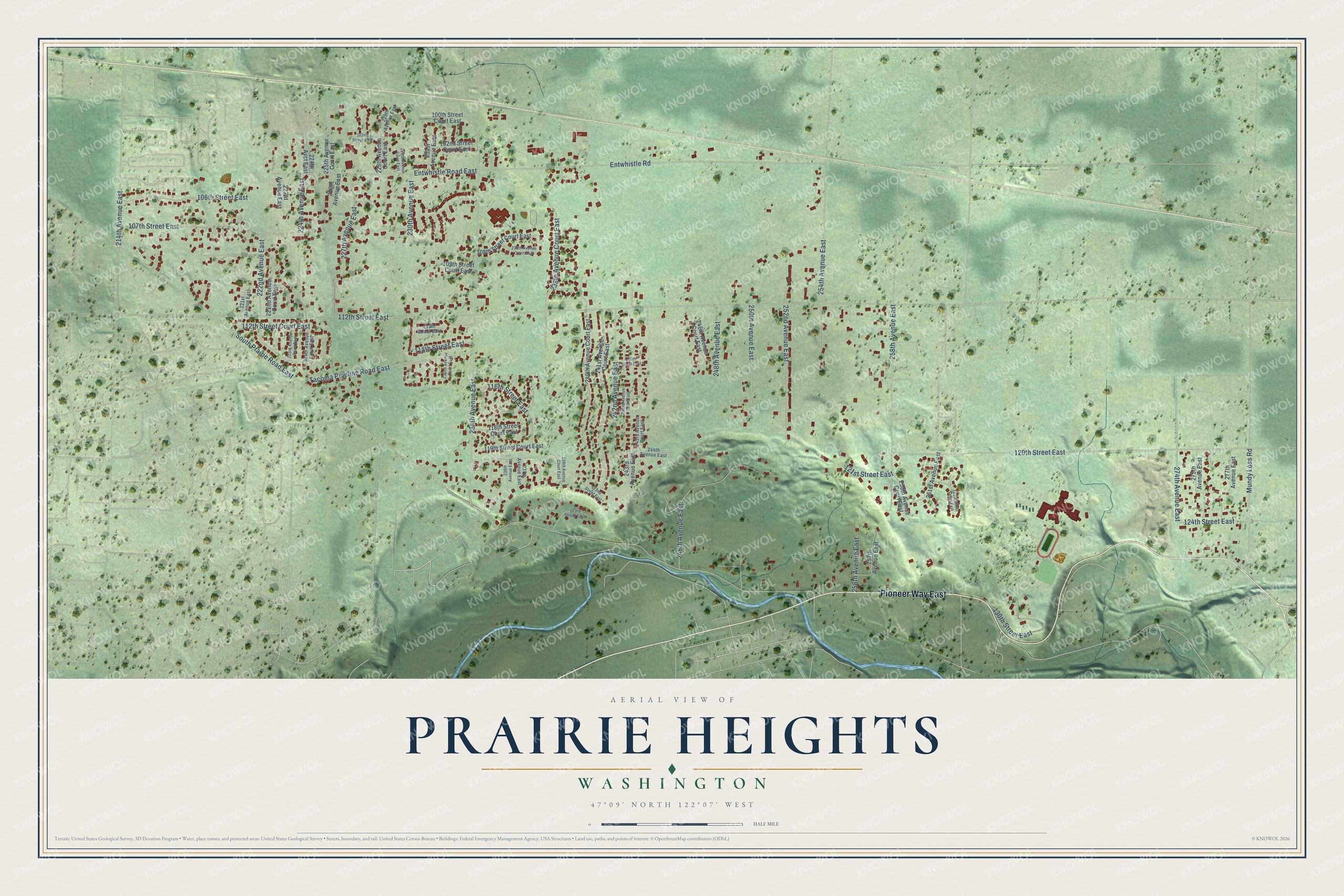 Full map of Prairie Heights, Washington, with red buildings, printed street names and the land around them