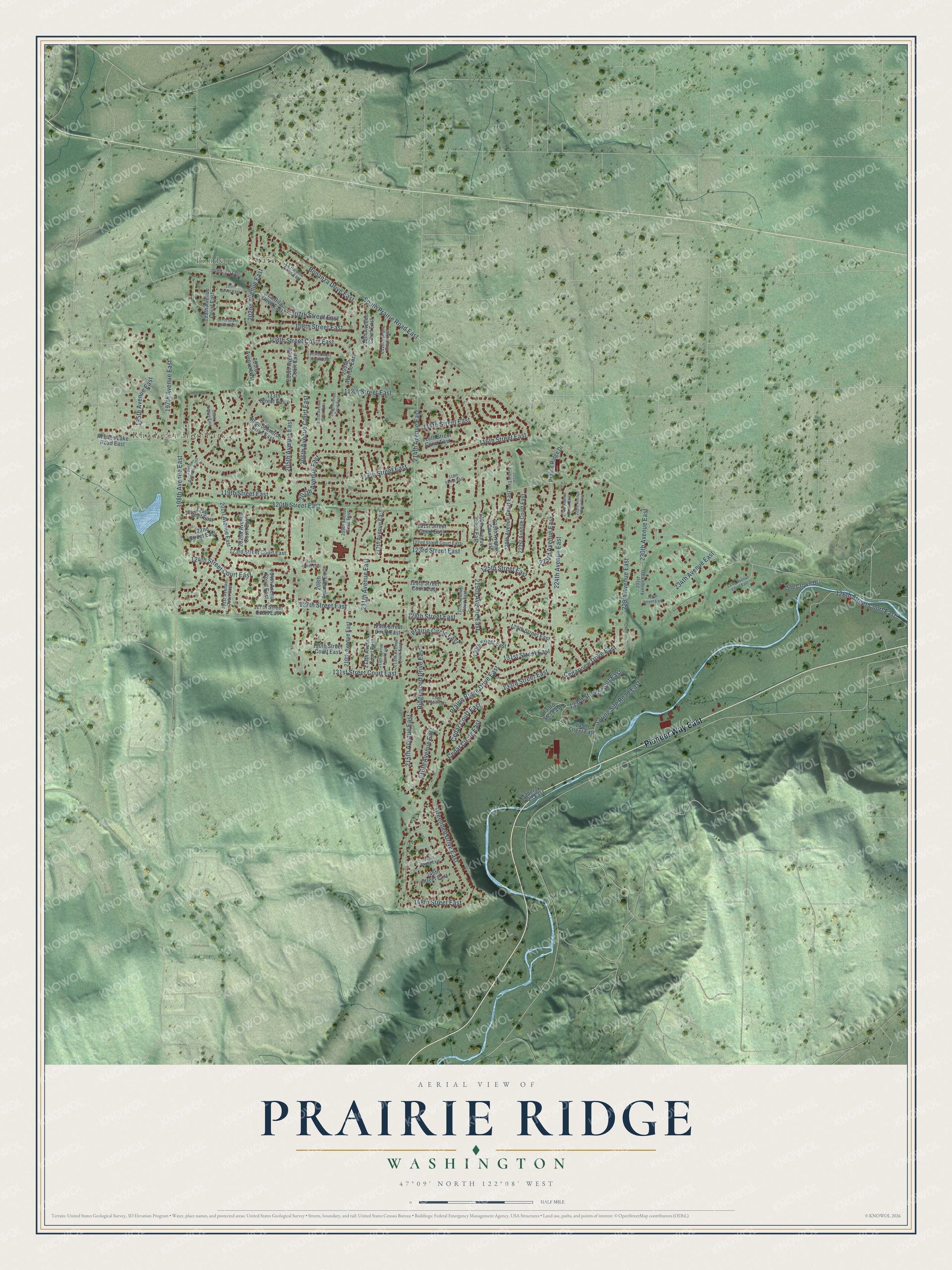 Full map of Prairie Ridge, Washington, with red buildings, printed street names and the land around them
