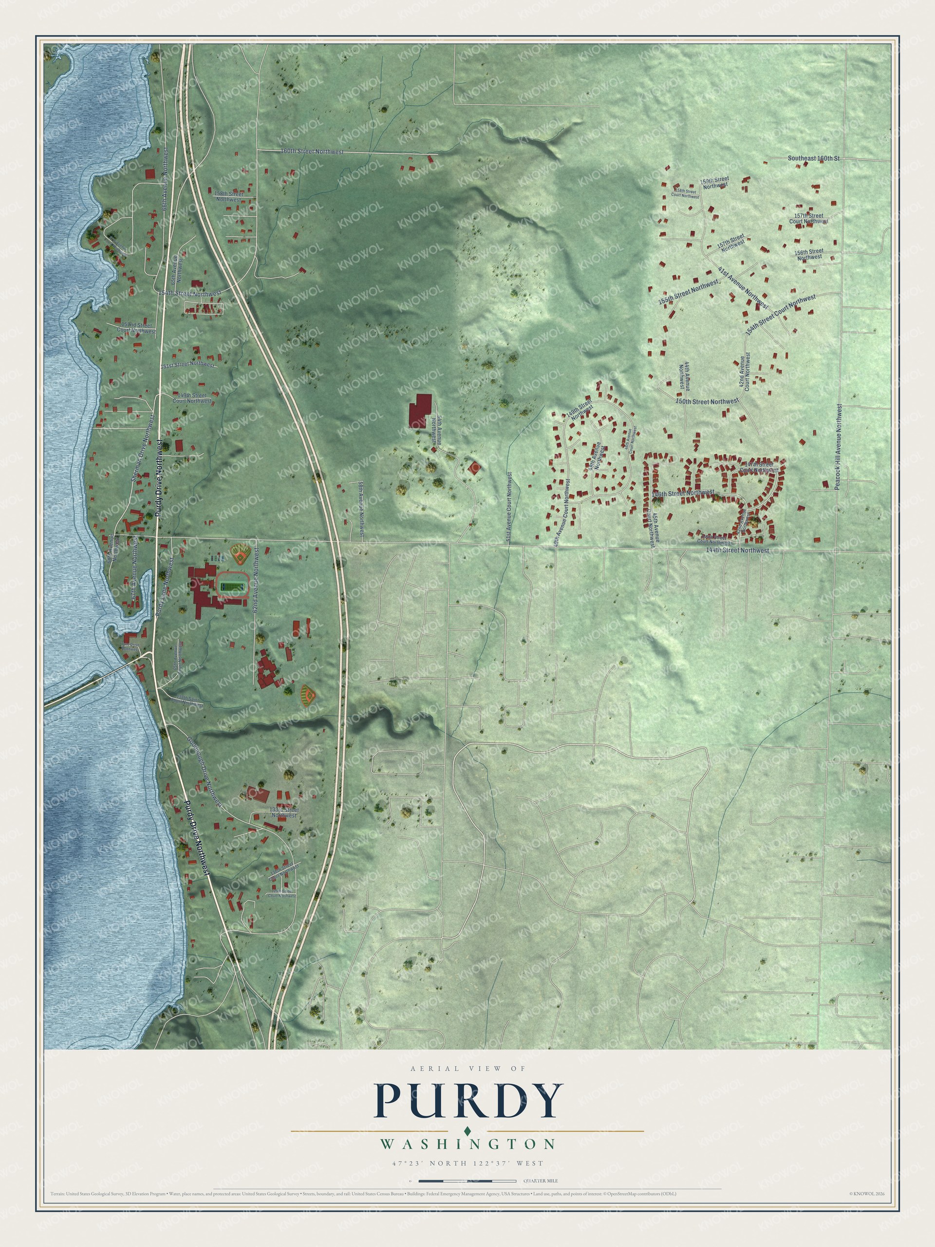 Full map of Purdy, Washington, with red buildings, printed street names and the land around them