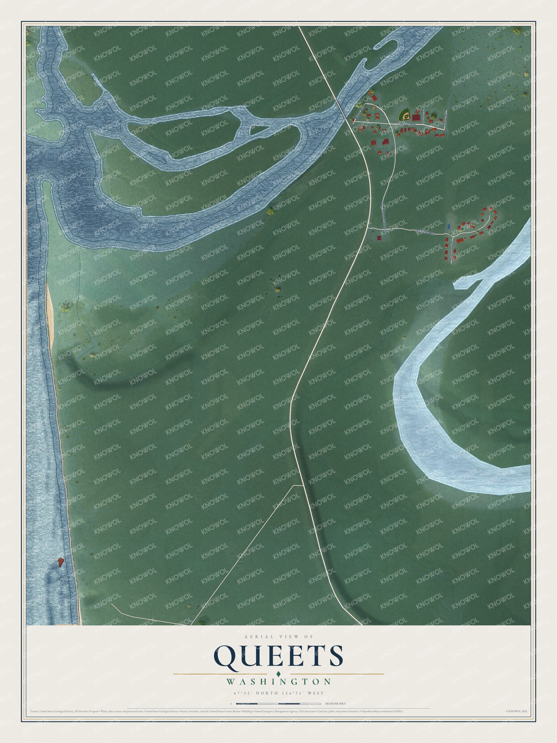 Full map of Queets, Washington, with red buildings, printed street names and the land around them