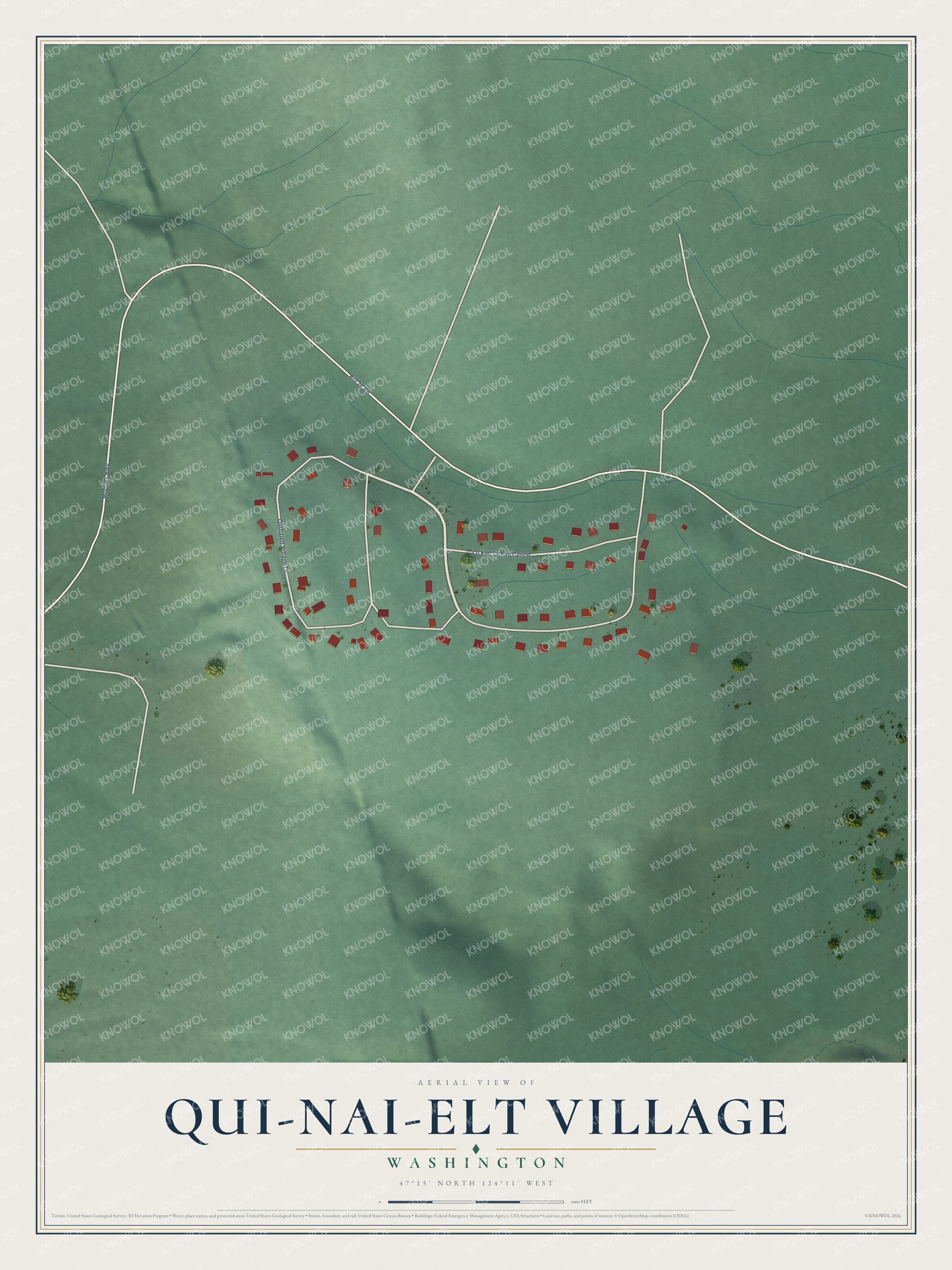 Full map of Qui-nai-elt Village, Washington, with red buildings, printed street names and the land around them