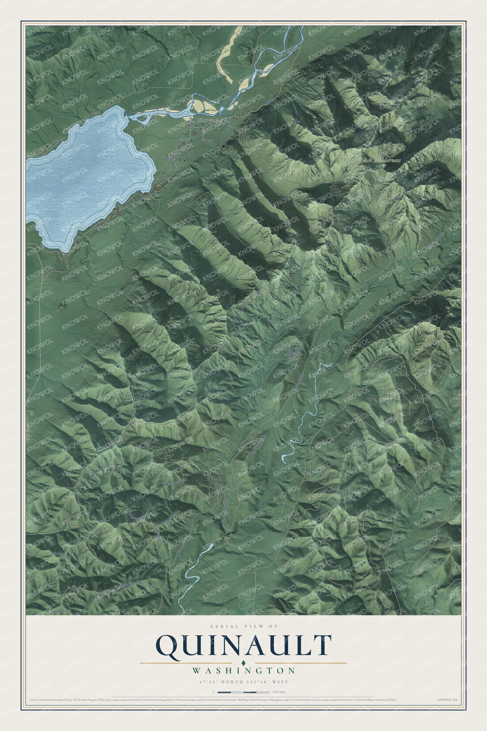 Full map of Quinault, Washington, with red buildings, printed street names and the land around them