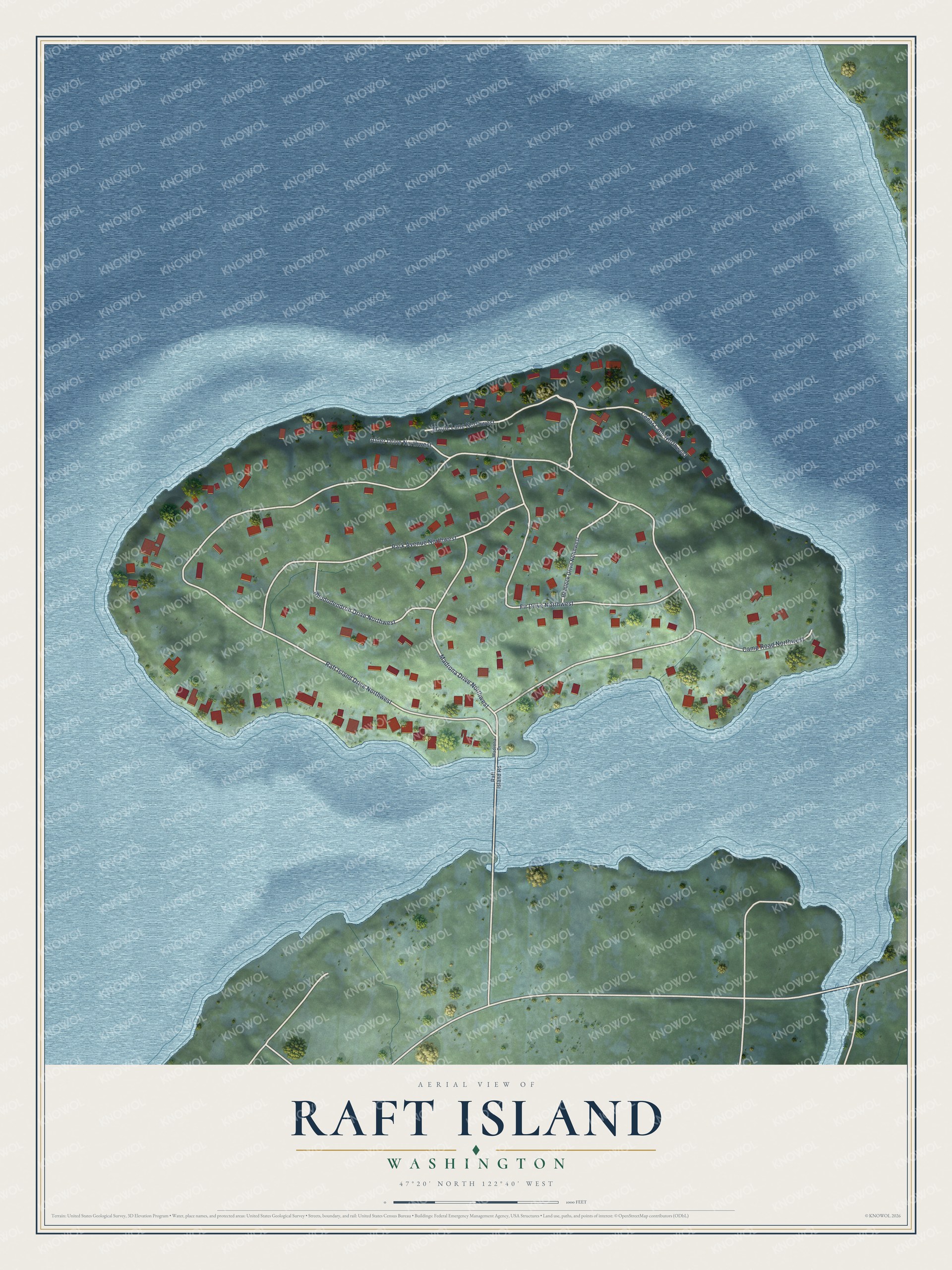 Full map of Raft Island, Washington, with red buildings, printed street names and the land around them