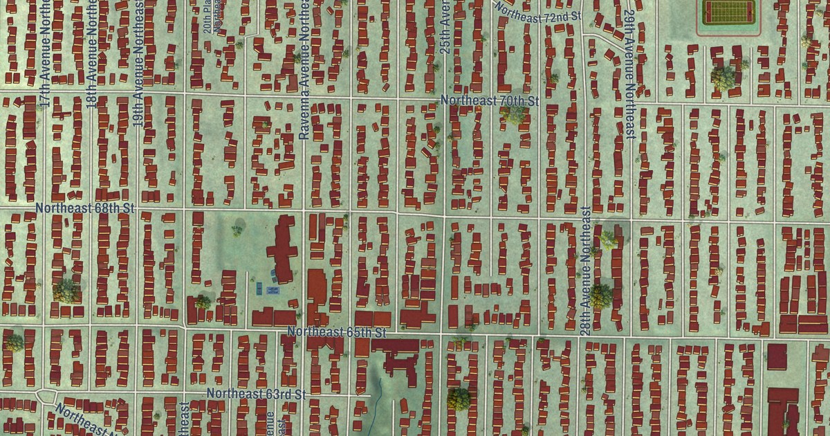 Close-up of streets and buildings in Ravenna, Washington