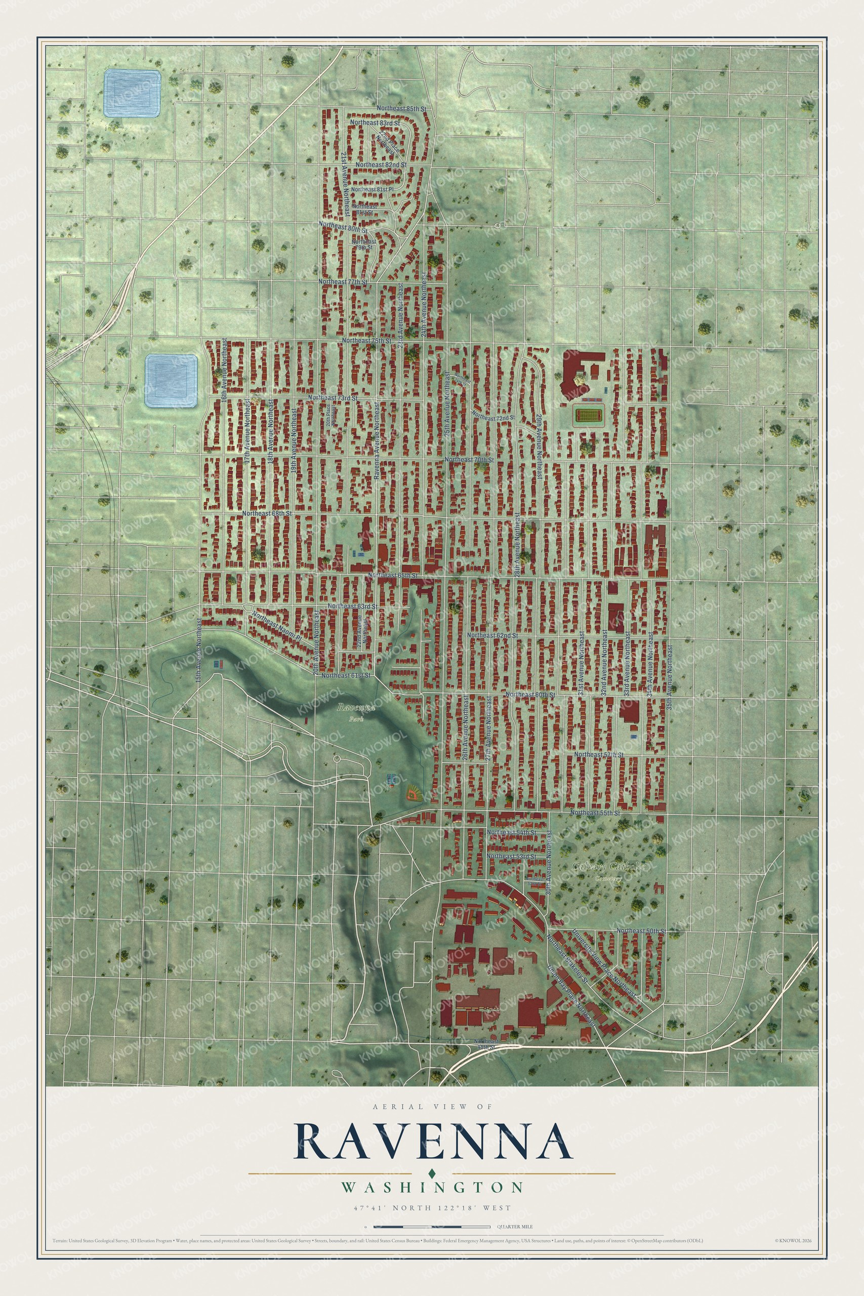 Full map of Ravenna, Washington, with red buildings, printed street names and the land around them
