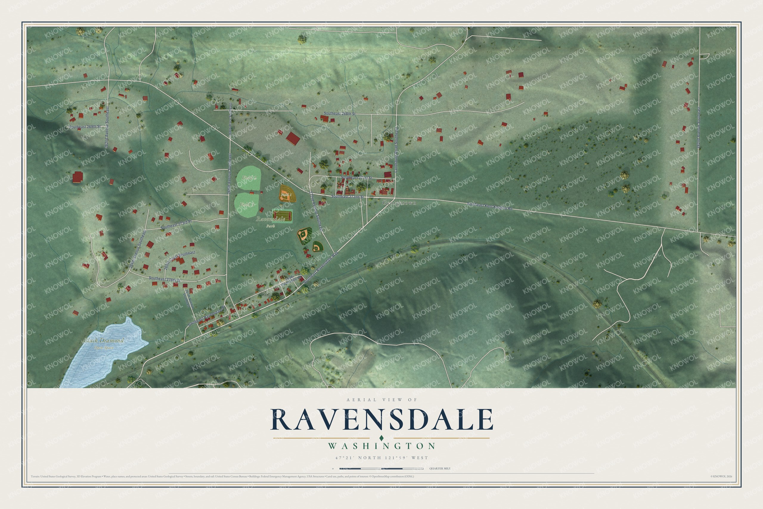 Full map of Ravensdale, Washington, with red buildings, printed street names and the land around them