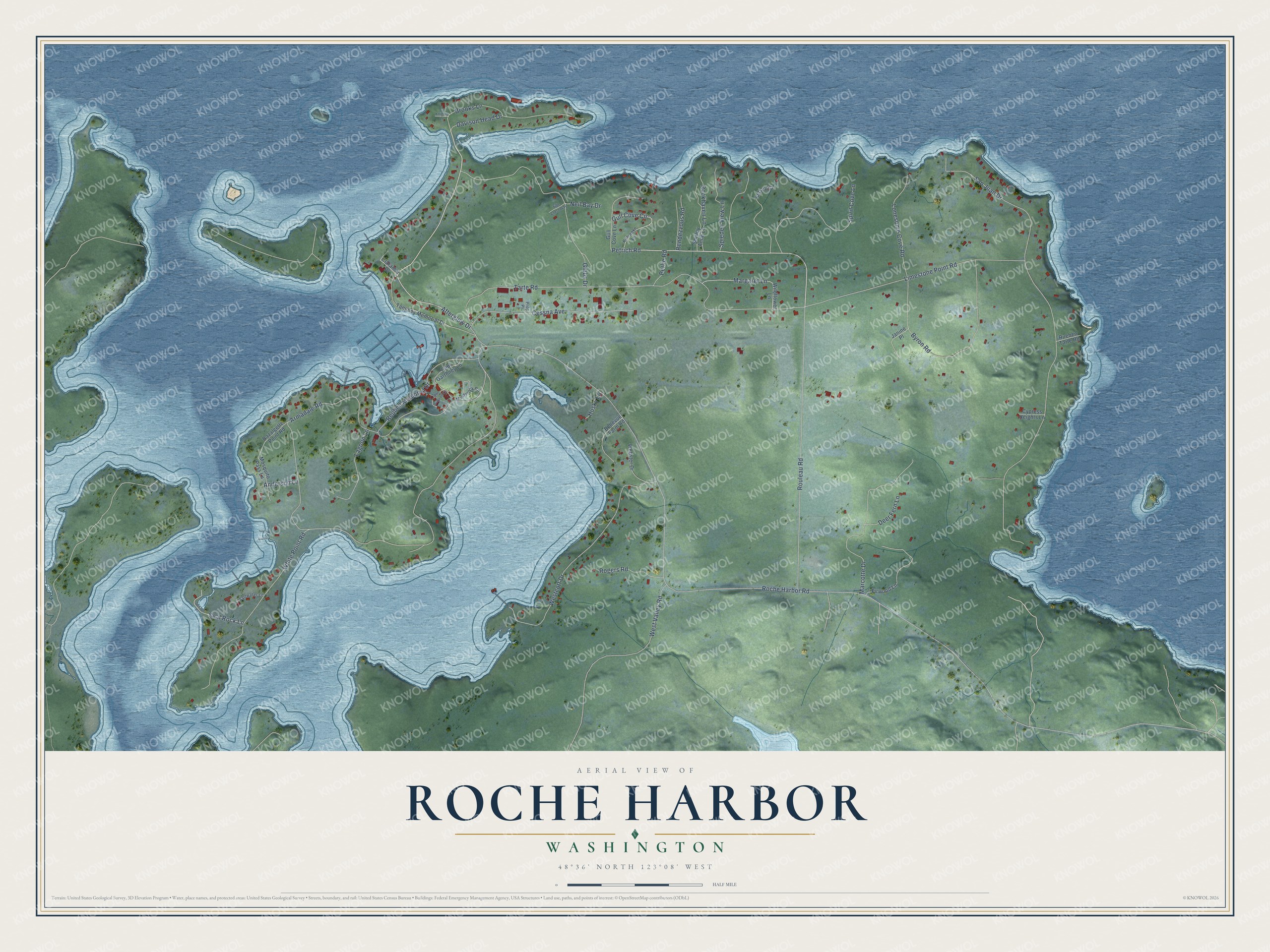 Full map of Roche Harbor, Washington, with red buildings, printed street names and the land around them