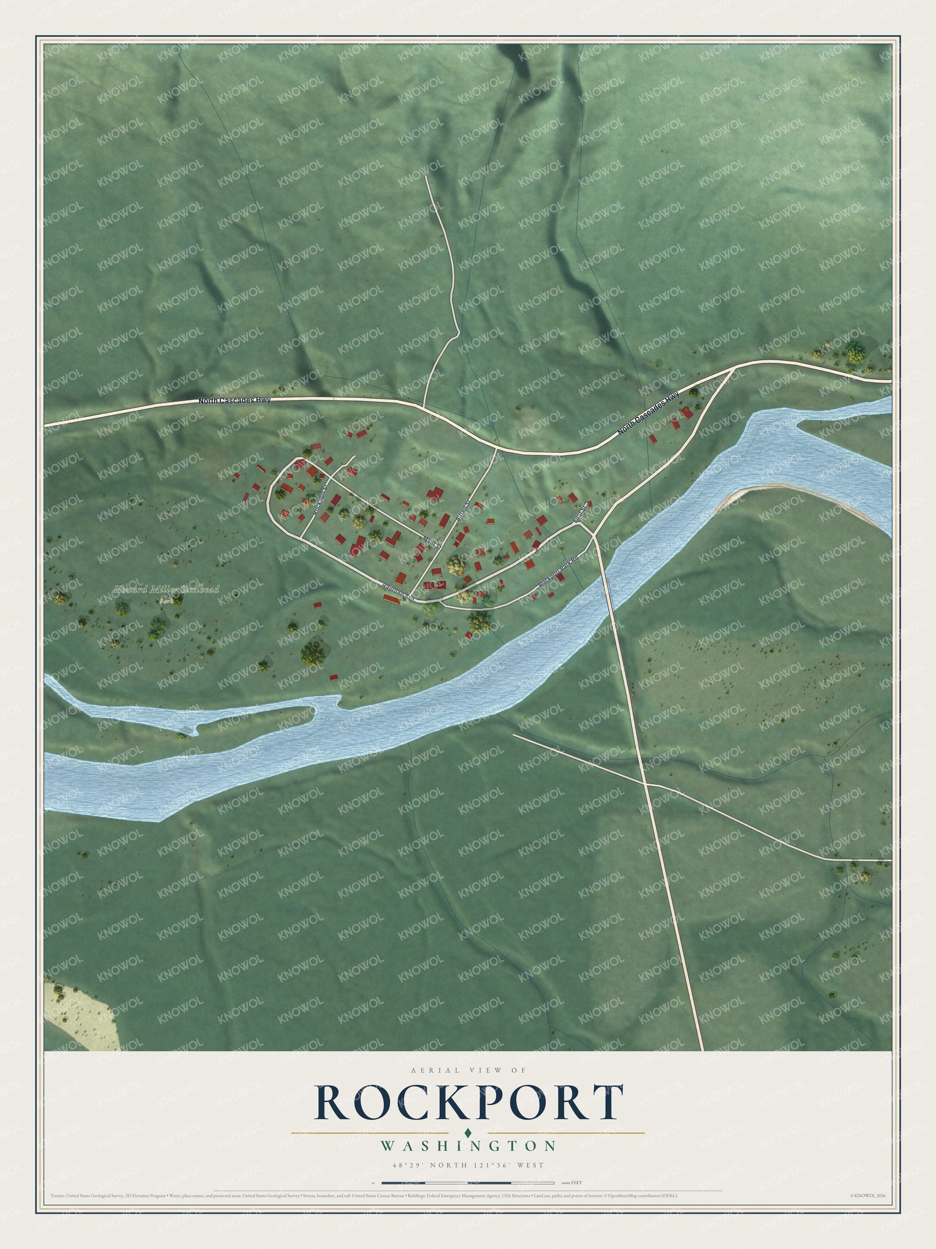 Full map of Rockport, Washington, with red buildings, printed street names and the land around them