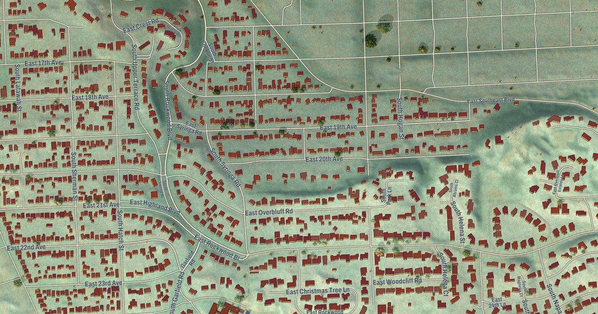 Close-up of streets and buildings in Rockwood, Washington