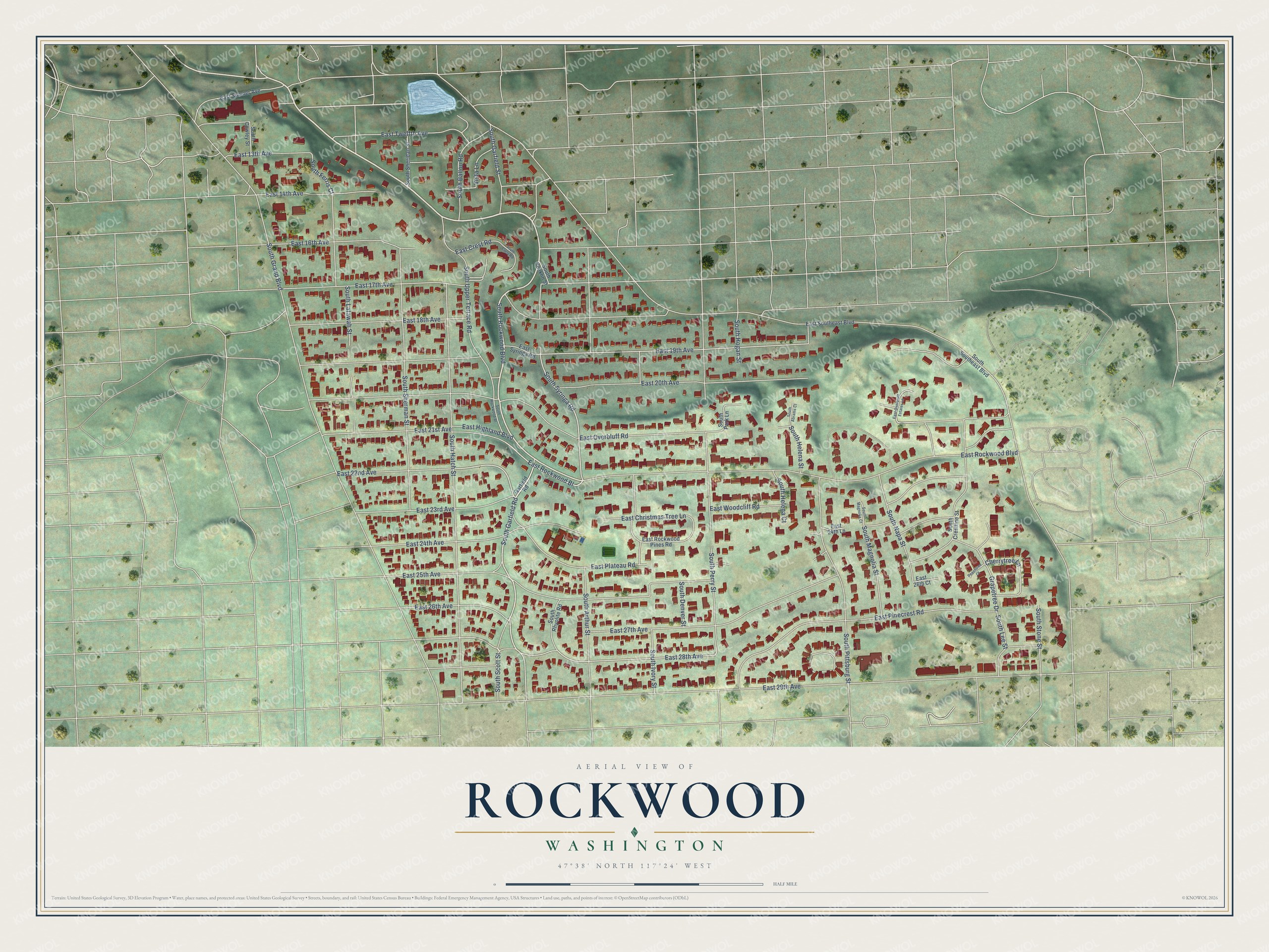 Full map of Rockwood, Washington, with red buildings, printed street names and the land around them
