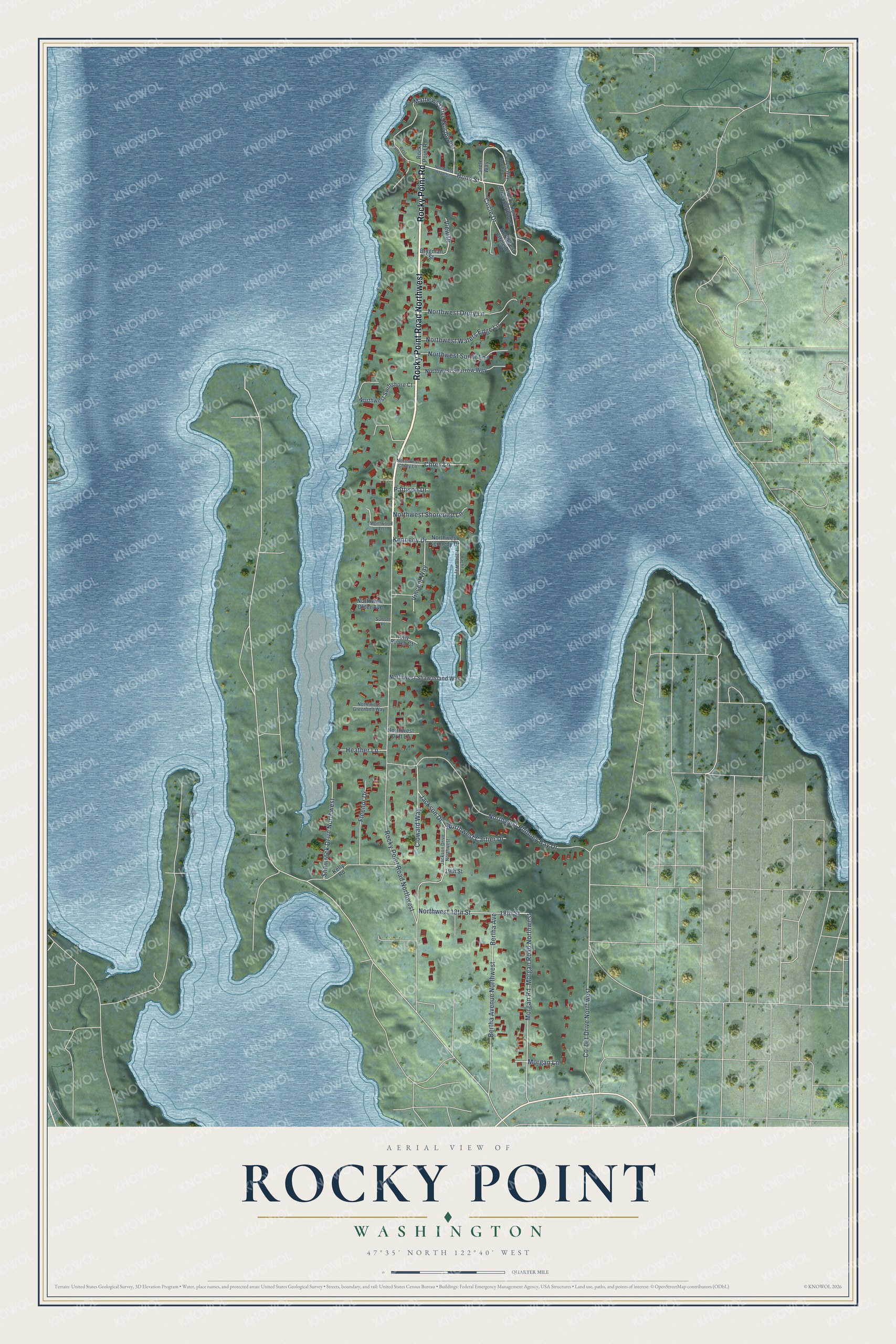 Full map of Rocky Point, Washington, with red buildings, printed street names and the land around them