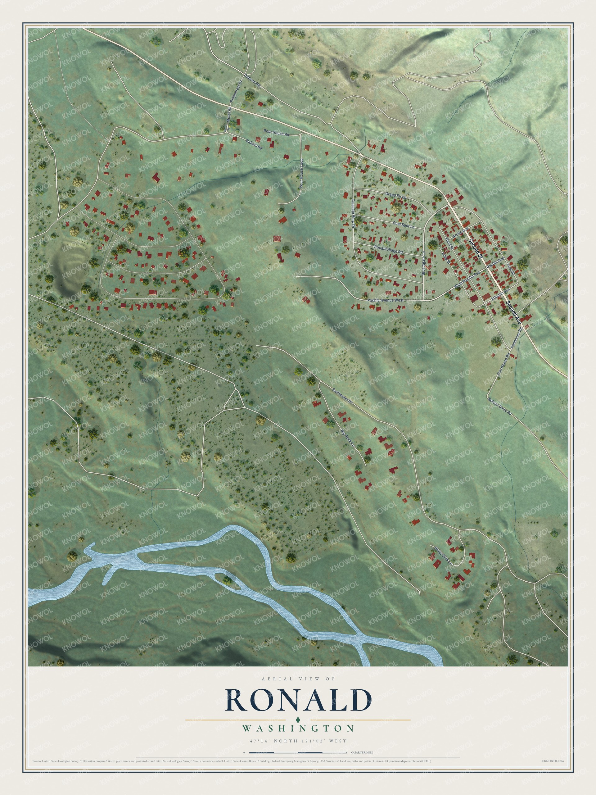 Full map of Ronald, Washington, with red buildings, printed street names and the land around them