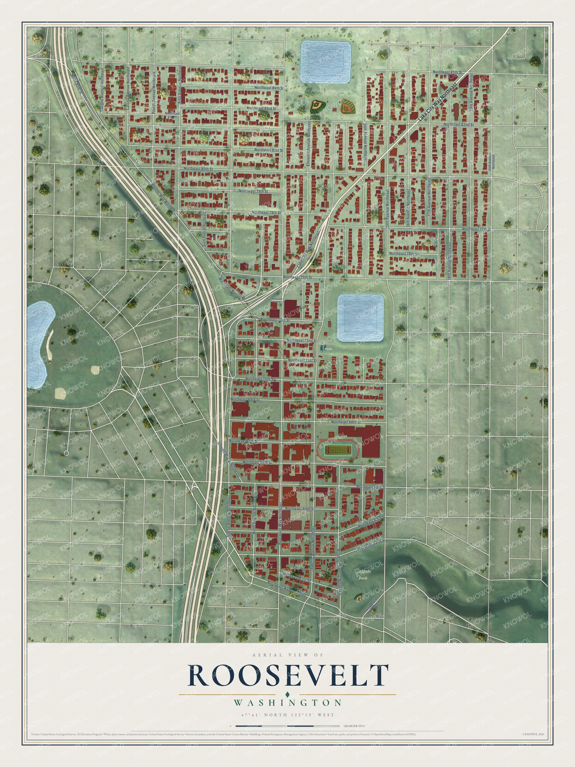 Full map of Roosevelt, Washington, with red buildings, printed street names and the land around them