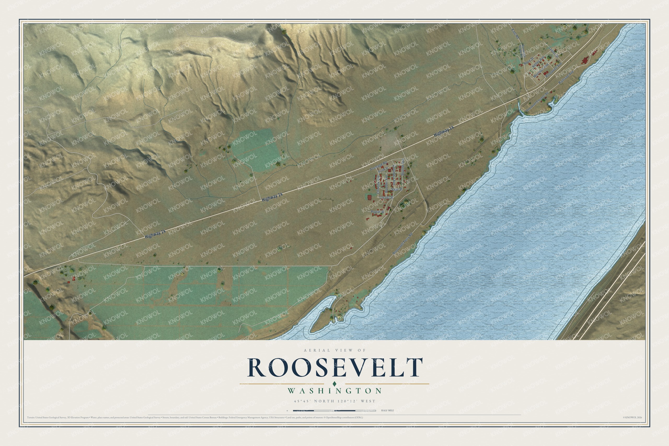 Full map of Roosevelt, Washington, with red buildings, printed street names and the land around them