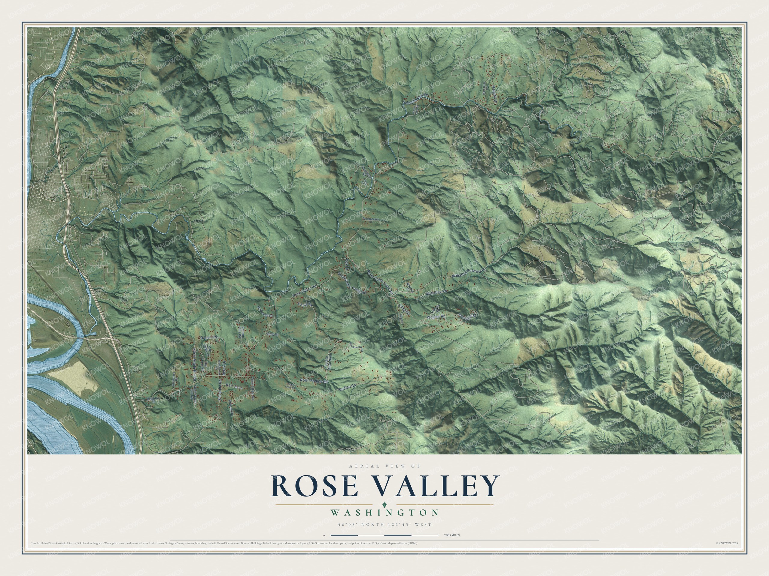 Full map of Rose Valley, Washington, with red buildings, printed street names and the land around them