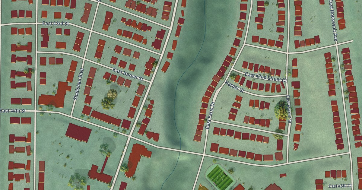 Close-up of streets and buildings in Salishan, Washington
