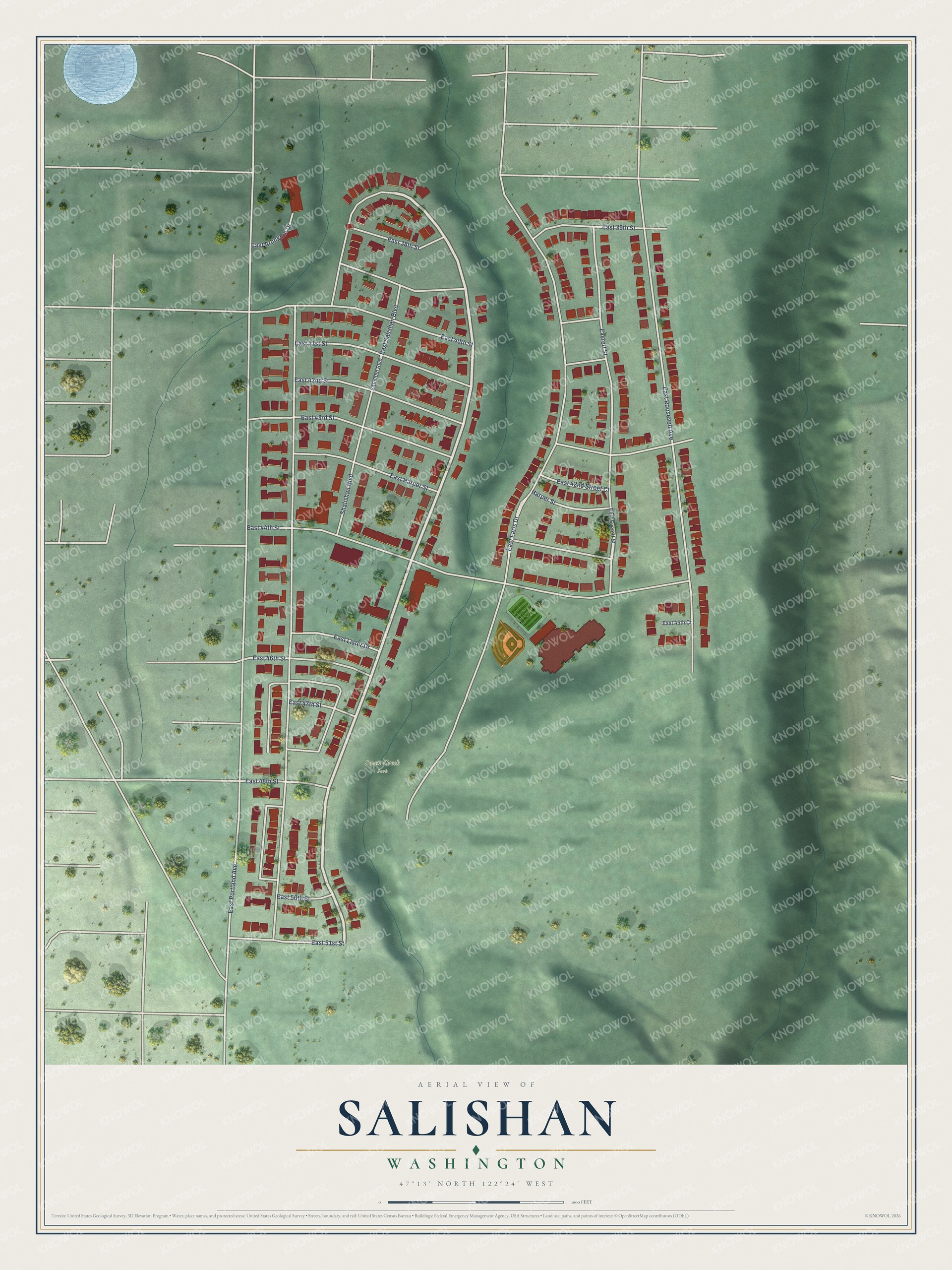 Full map of Salishan, Washington, with red buildings, printed street names and the land around them