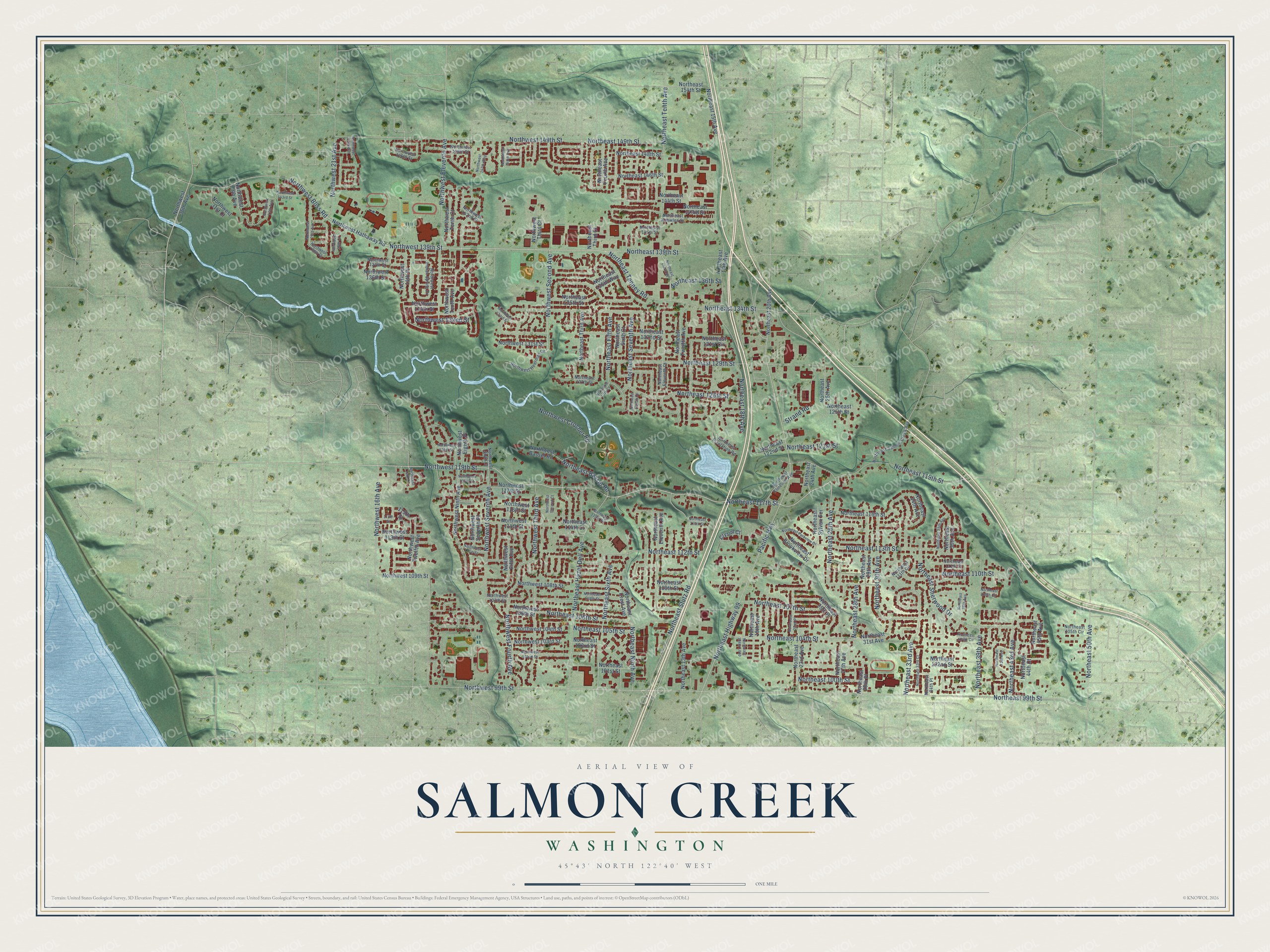 Full map of Salmon Creek, Washington, with red buildings, printed street names and the land around them