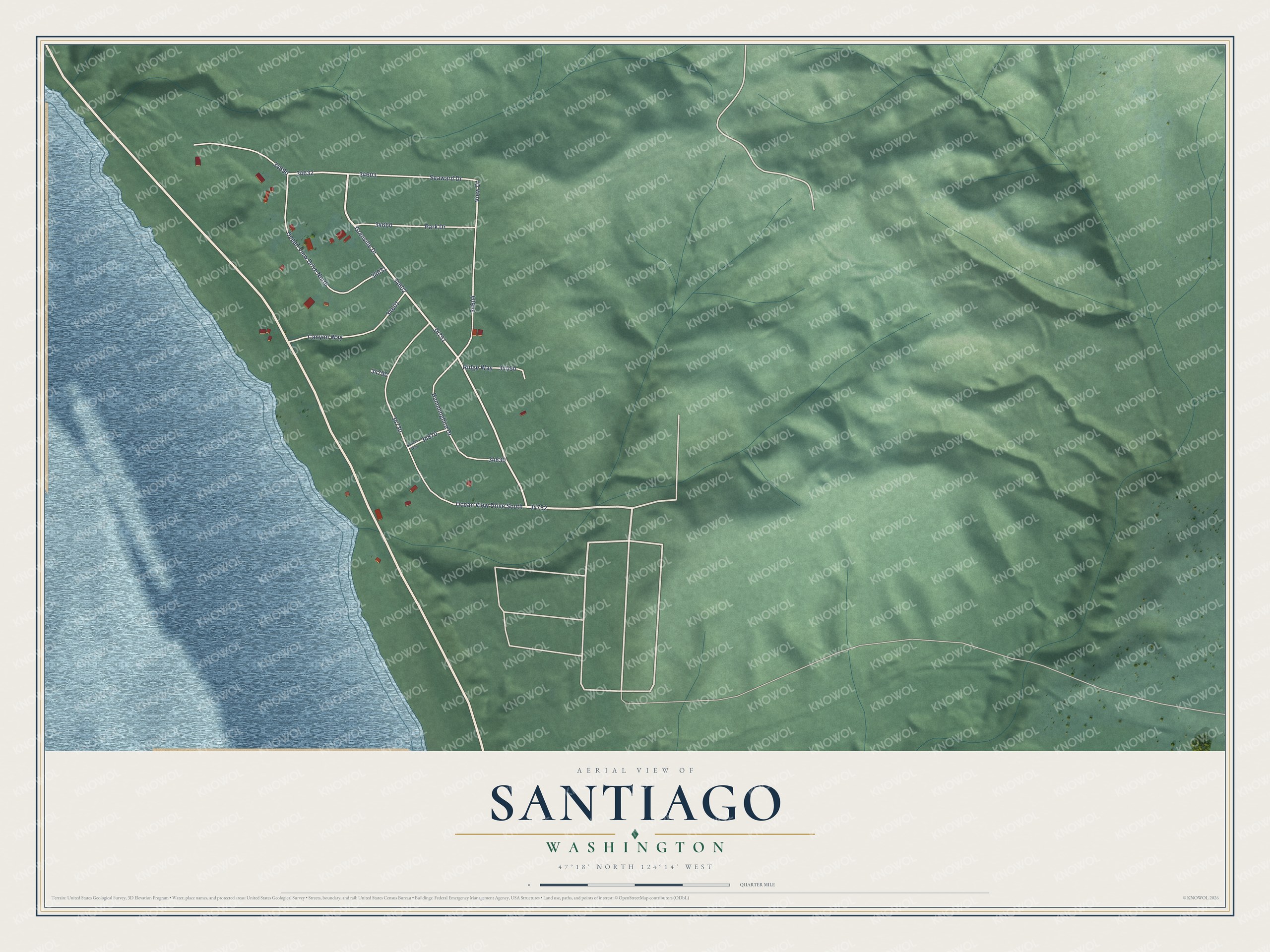 Full map of Santiago, Washington, with red buildings, printed street names and the land around them