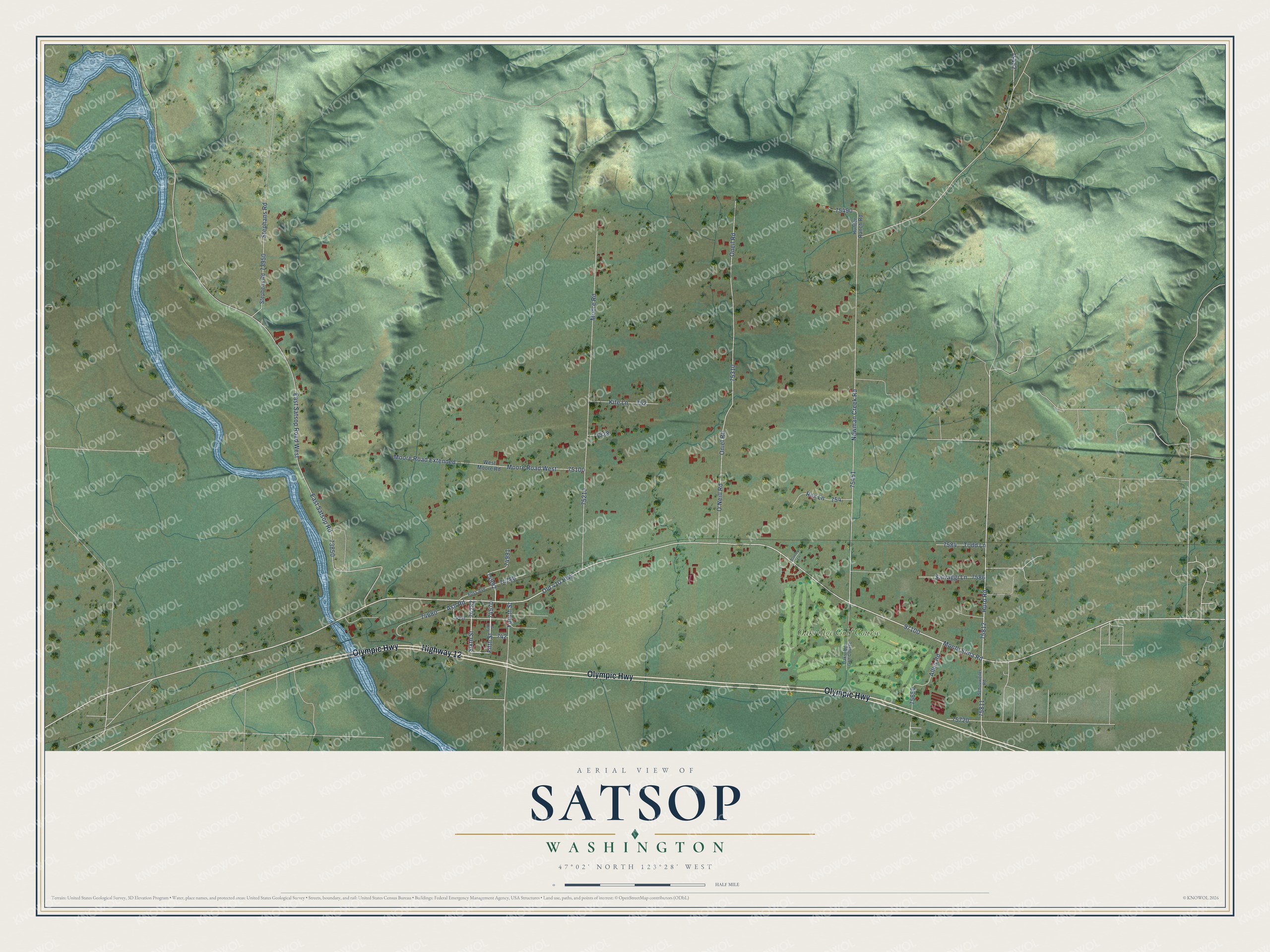 Full map of Satsop, Washington, with red buildings, printed street names and the land around them