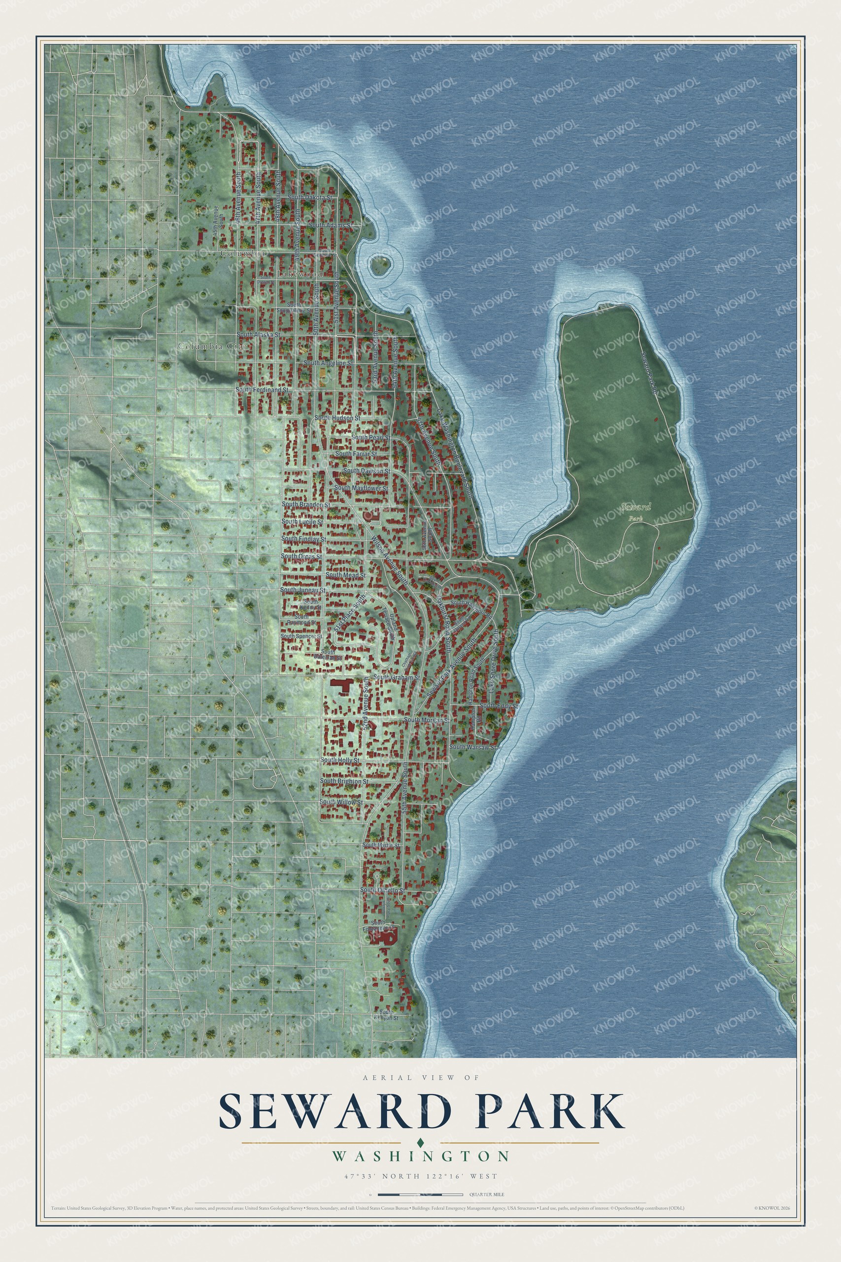 Full map of Seward Park, Washington, with red buildings, printed street names and the land around them