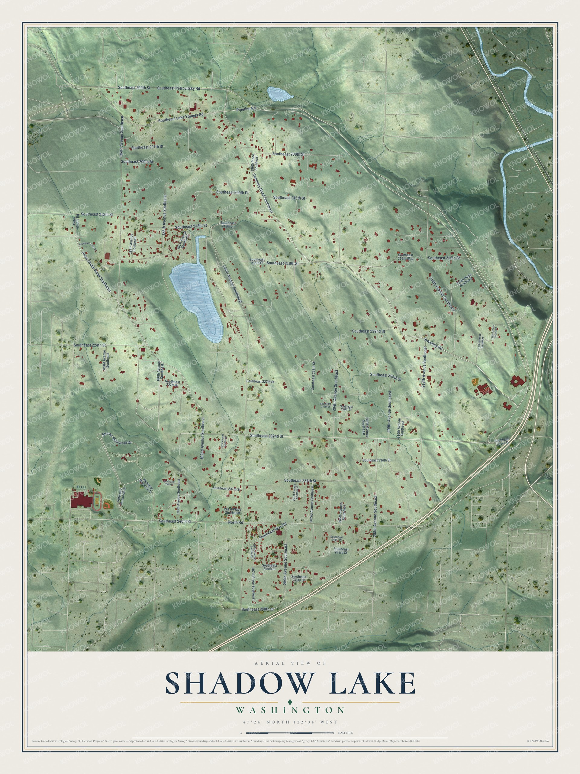 Full map of Shadow Lake, Washington, with red buildings, printed street names and the land around them