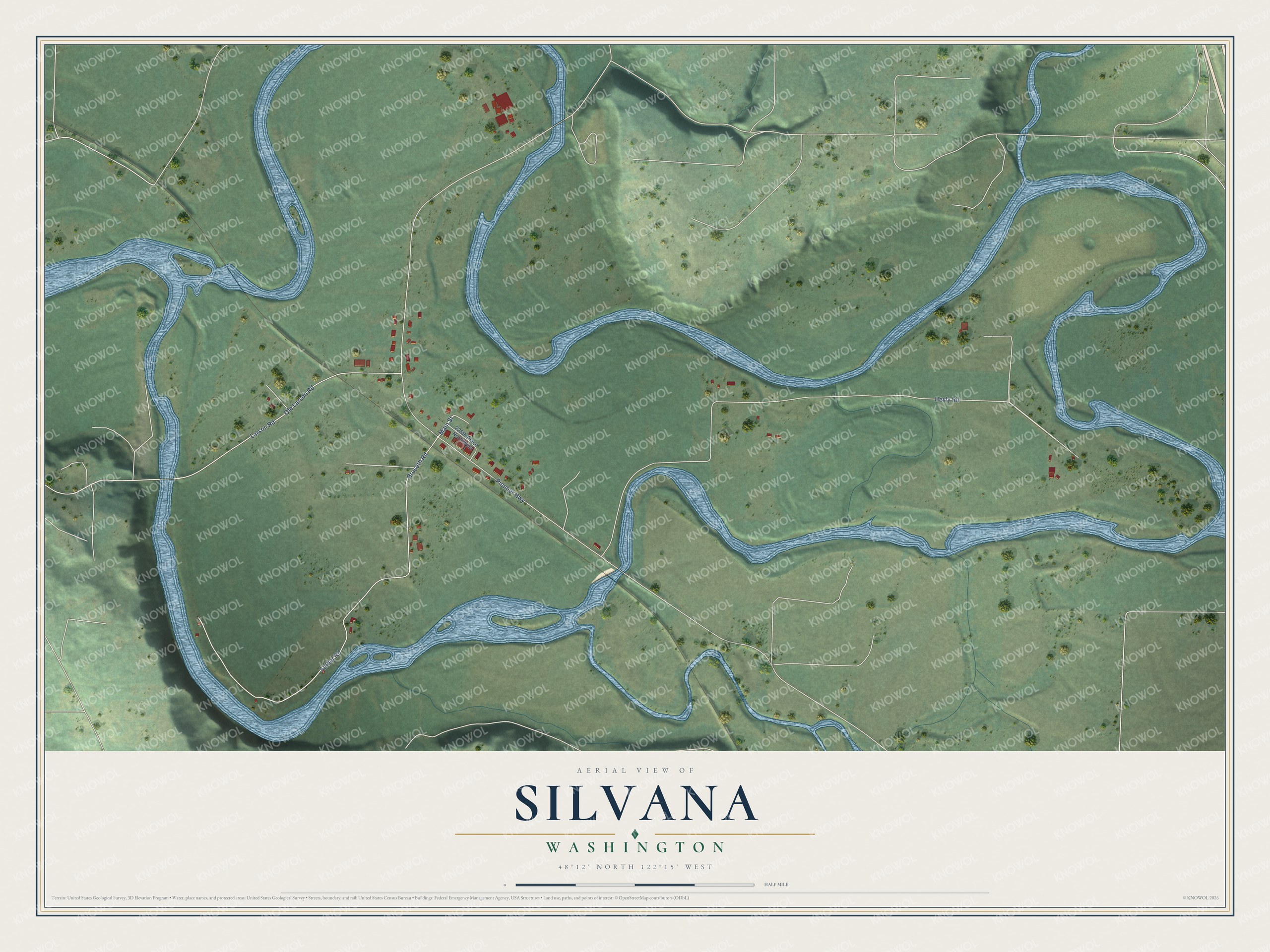 Full map of Silvana, Washington, with red buildings, printed street names and the land around them