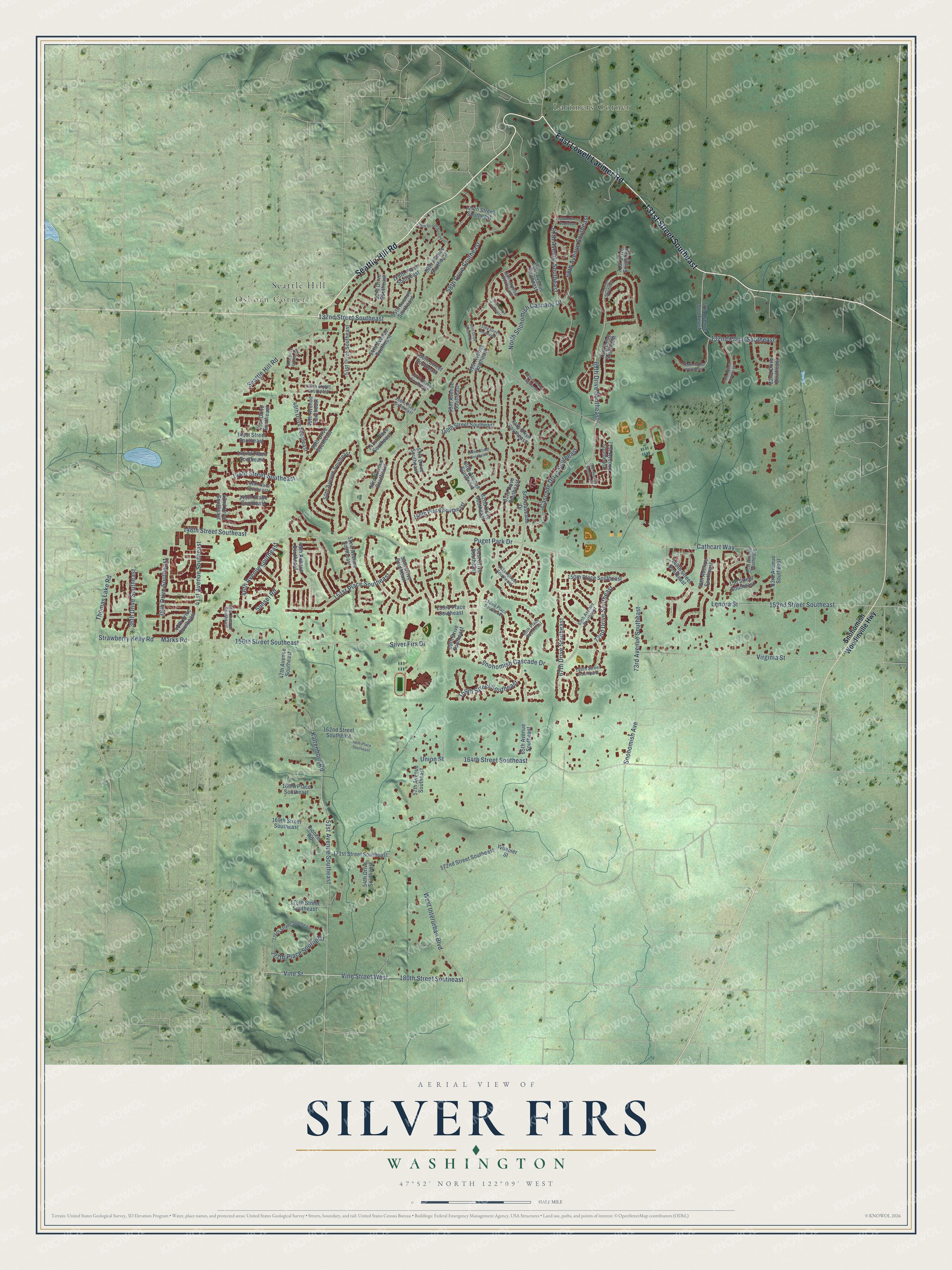 Full map of Silver Firs, Washington, with red buildings, printed street names and the land around them