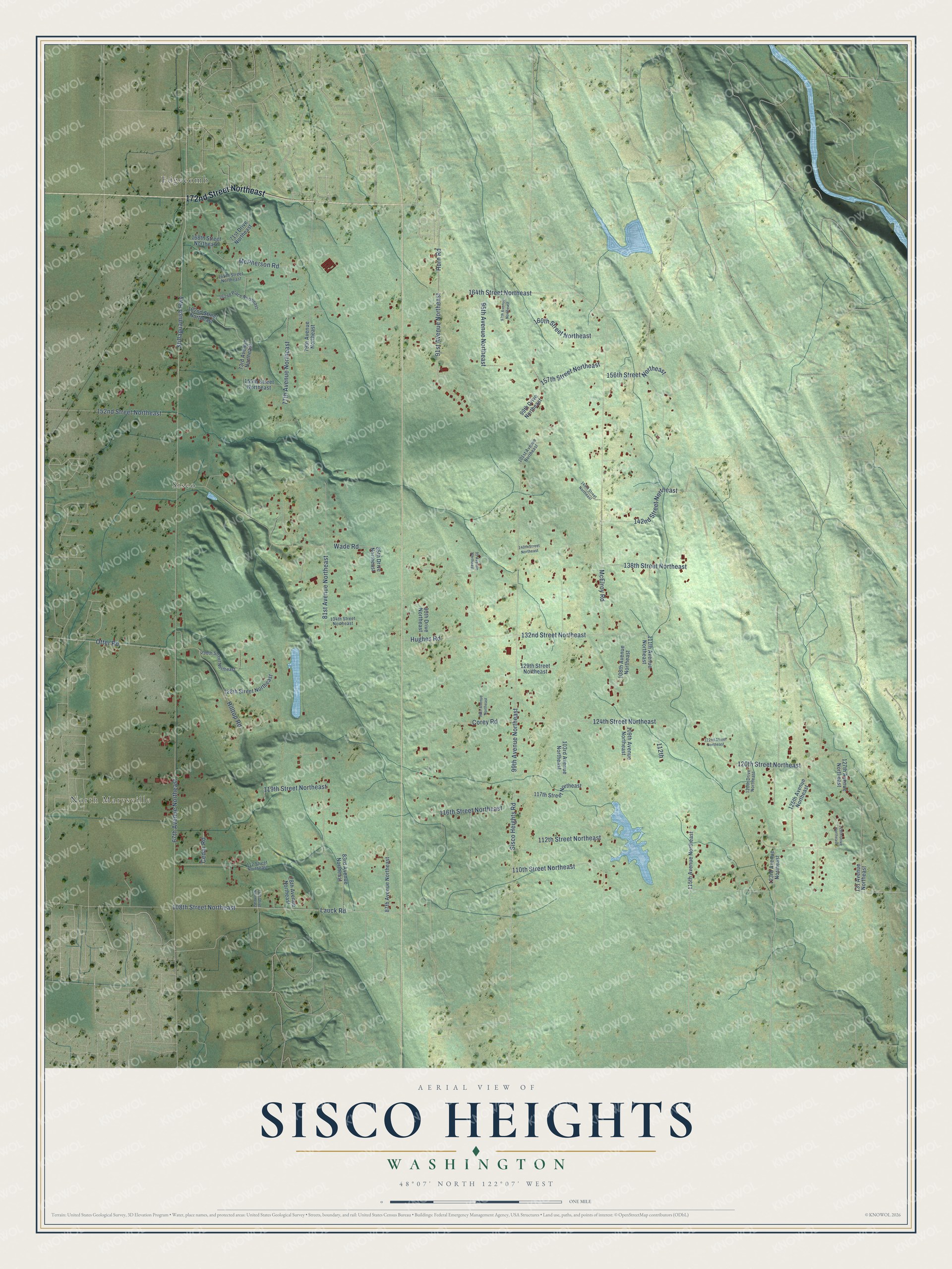 Full map of Sisco Heights, Washington, with red buildings, printed street names and the land around them