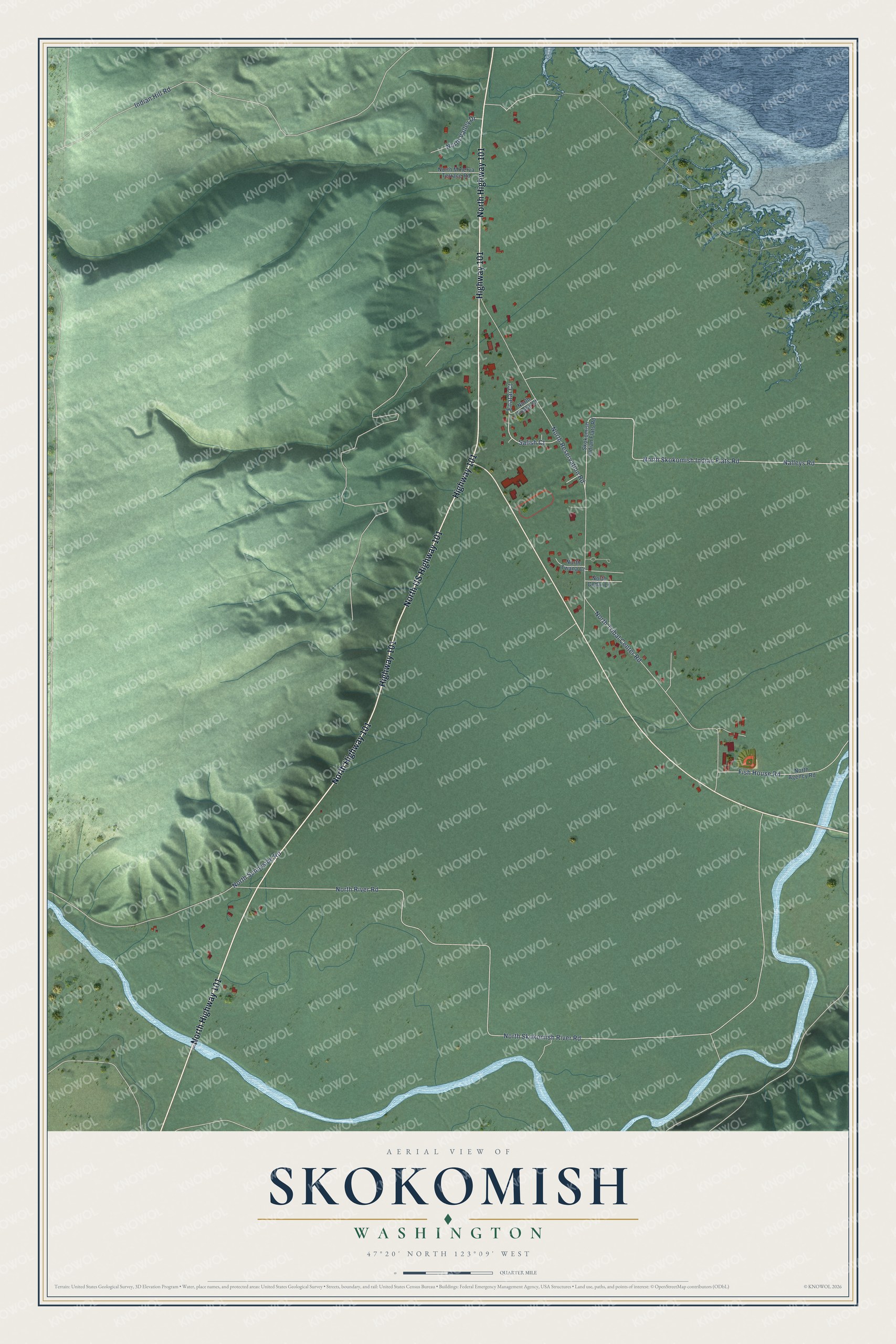 Full map of Skokomish, Washington, with red buildings, printed street names and the land around them