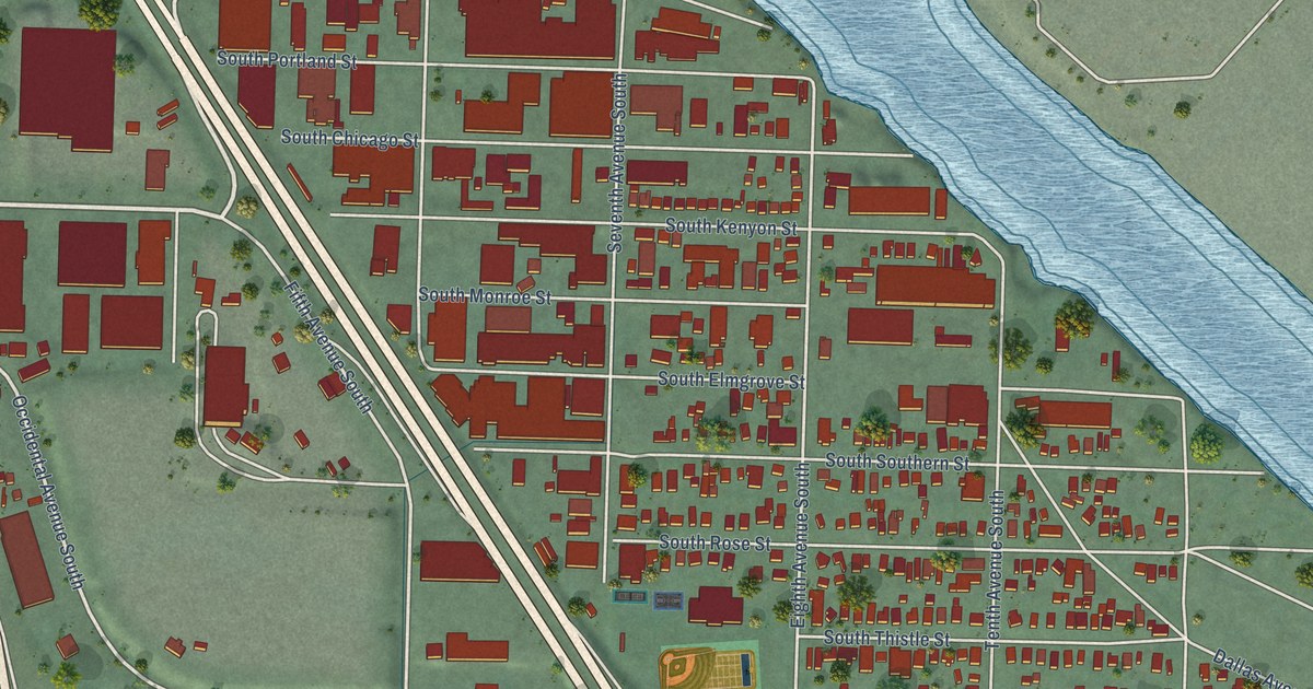 Close-up of streets and buildings in South Park, Washington