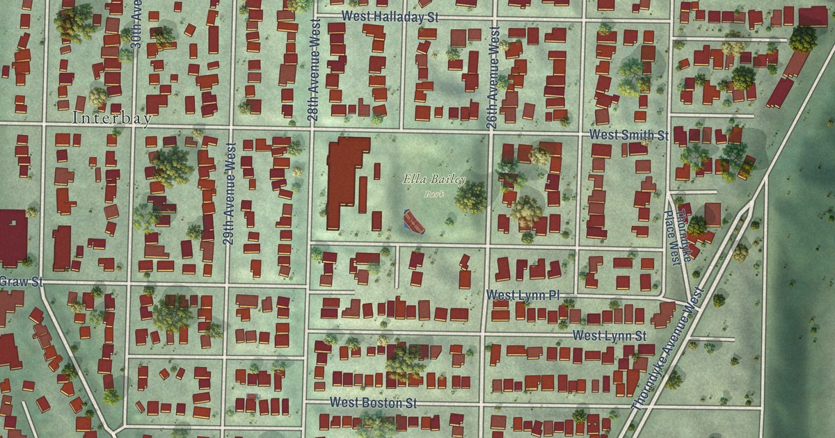 Close-up of streets and buildings in Southeast Magnolia, Washington