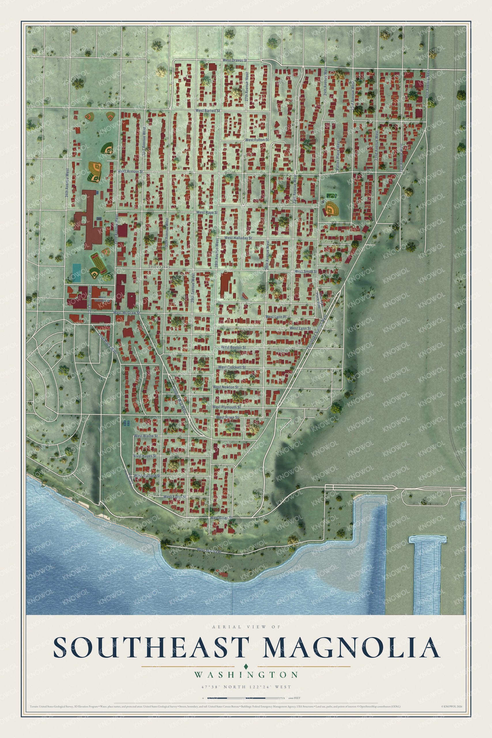 Full map of Southeast Magnolia, Washington, with red buildings, printed street names and the land around them
