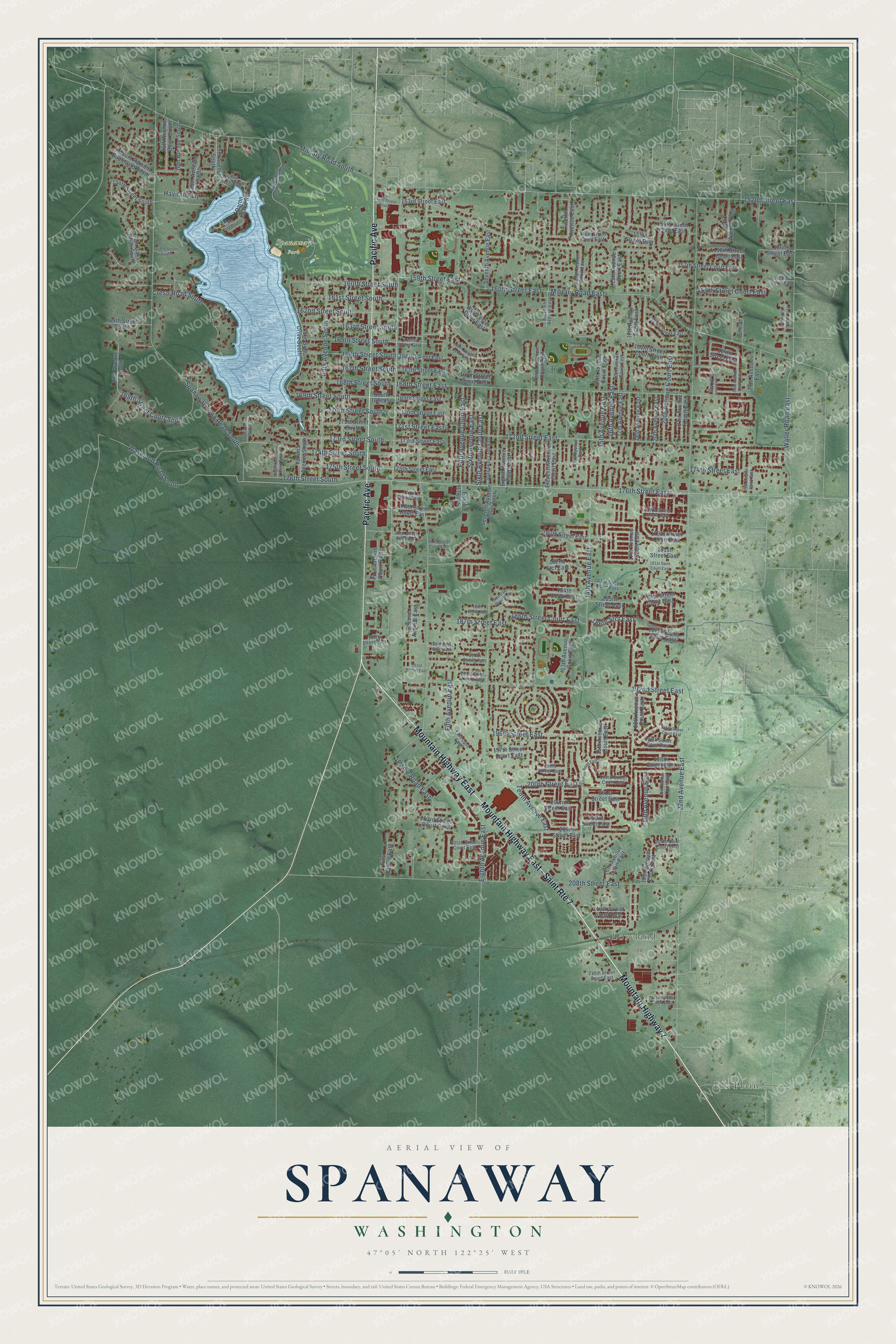 Watermarked full-map preview of Spanaway, Washington