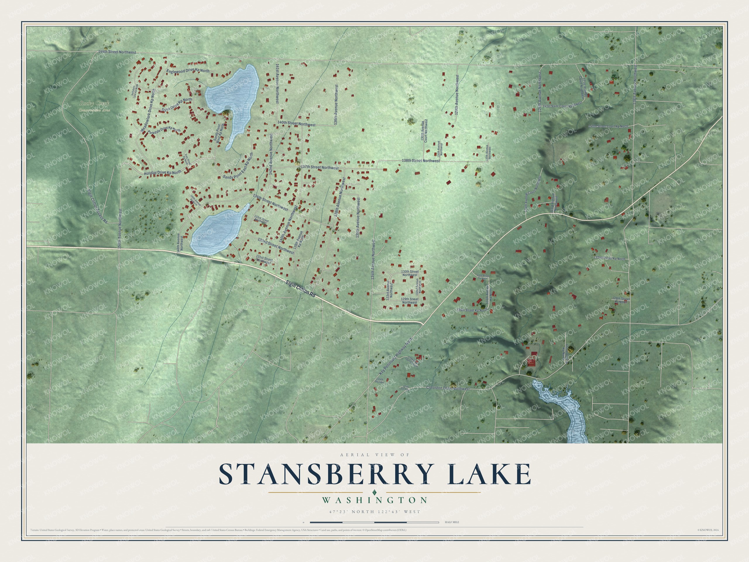 Full map of Stansberry Lake, Washington, with red buildings, printed street names and the land around them