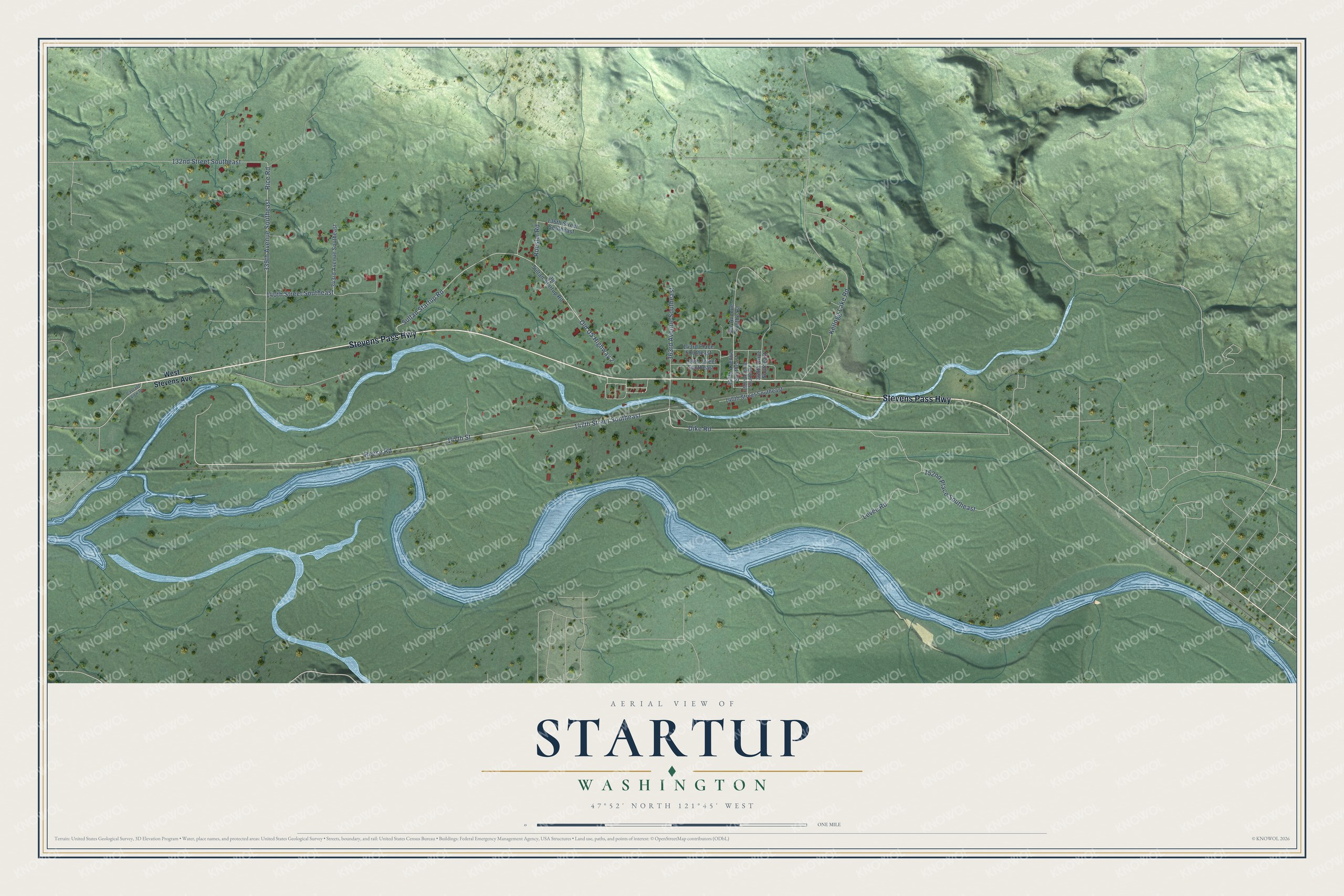 Full map of Startup, Washington, with red buildings, printed street names and the land around them