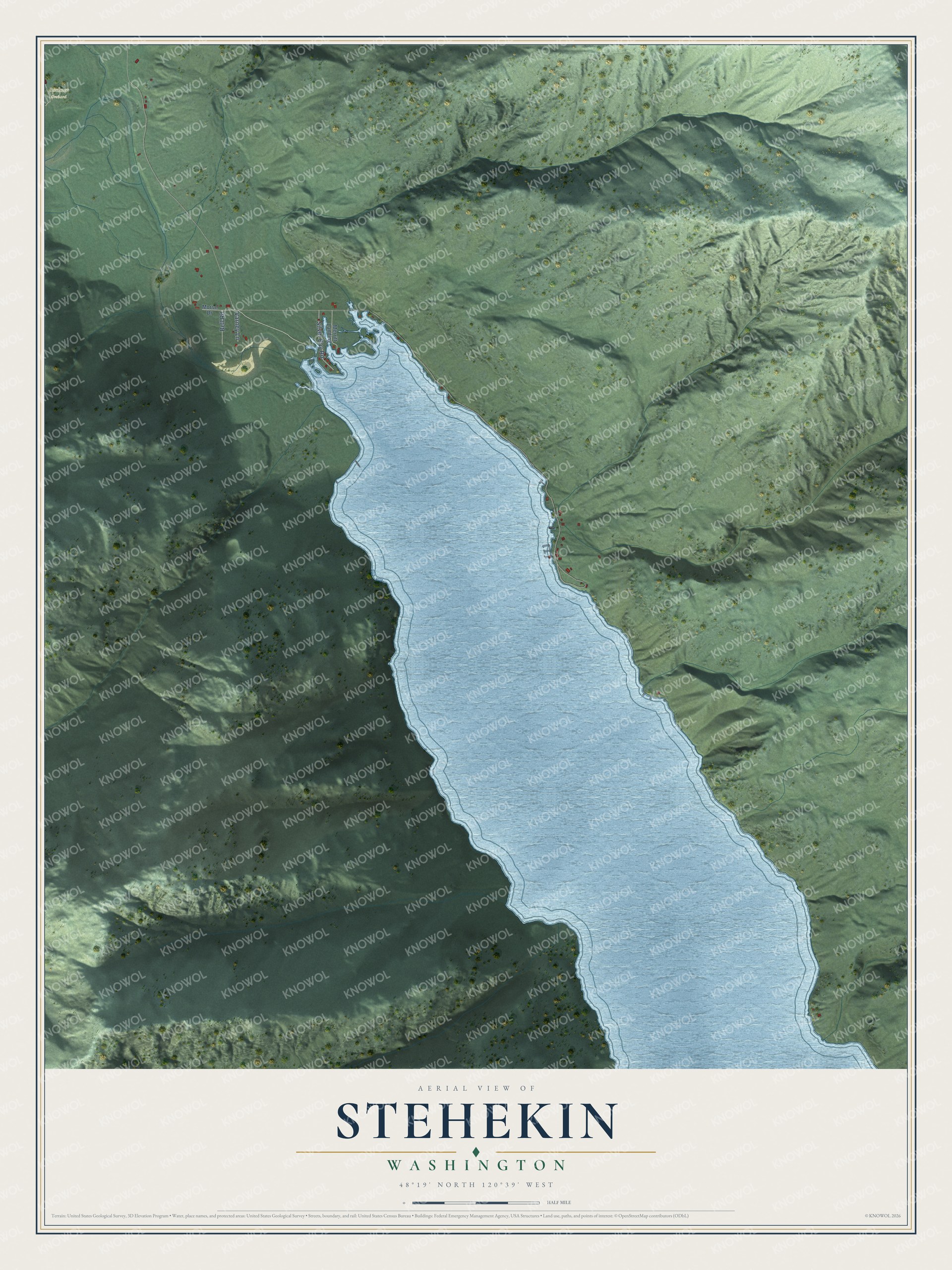 Full map of Stehekin, Washington, with red buildings, printed street names and the land around them
