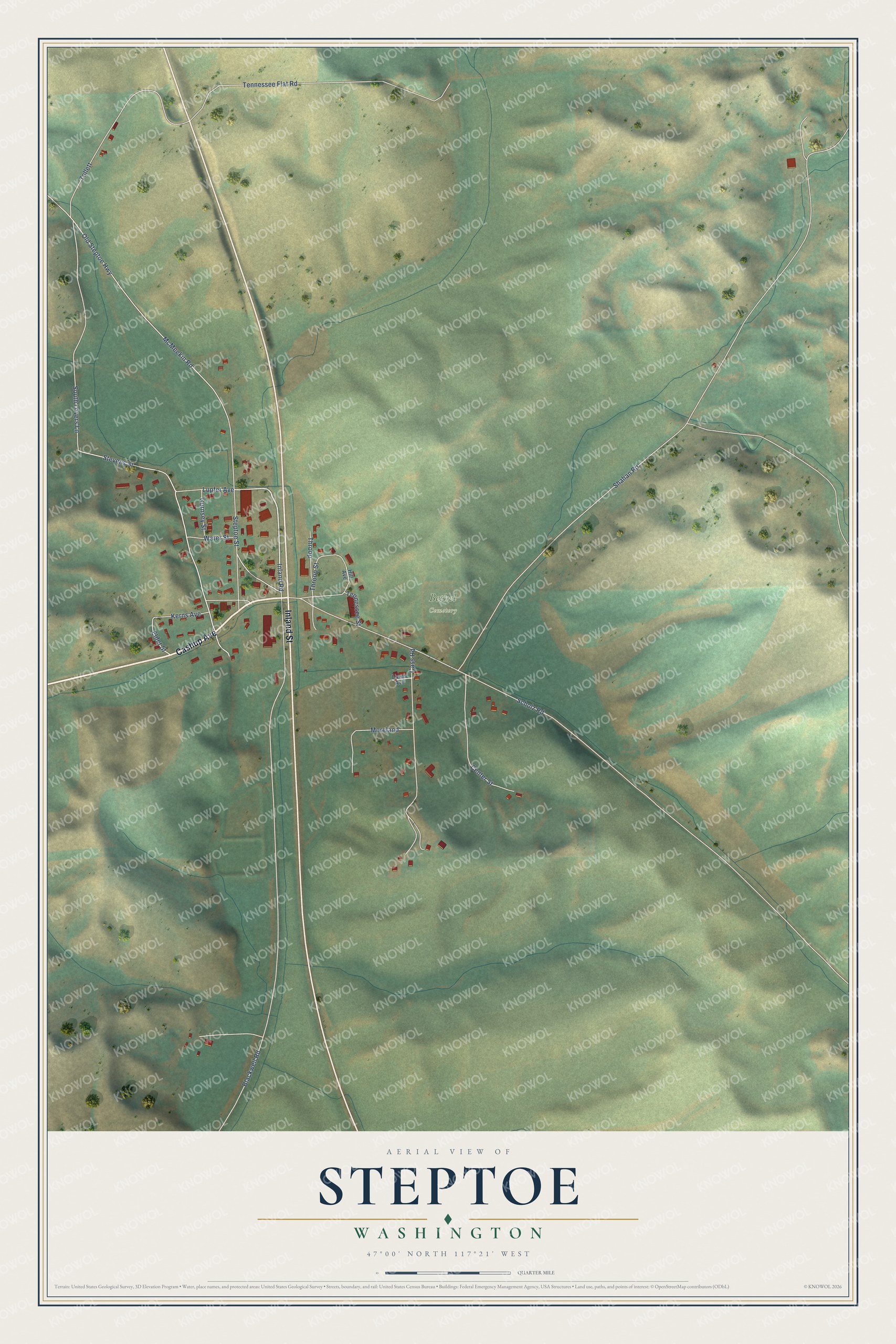 Full map of Steptoe, Washington, with red buildings, printed street names and the land around them