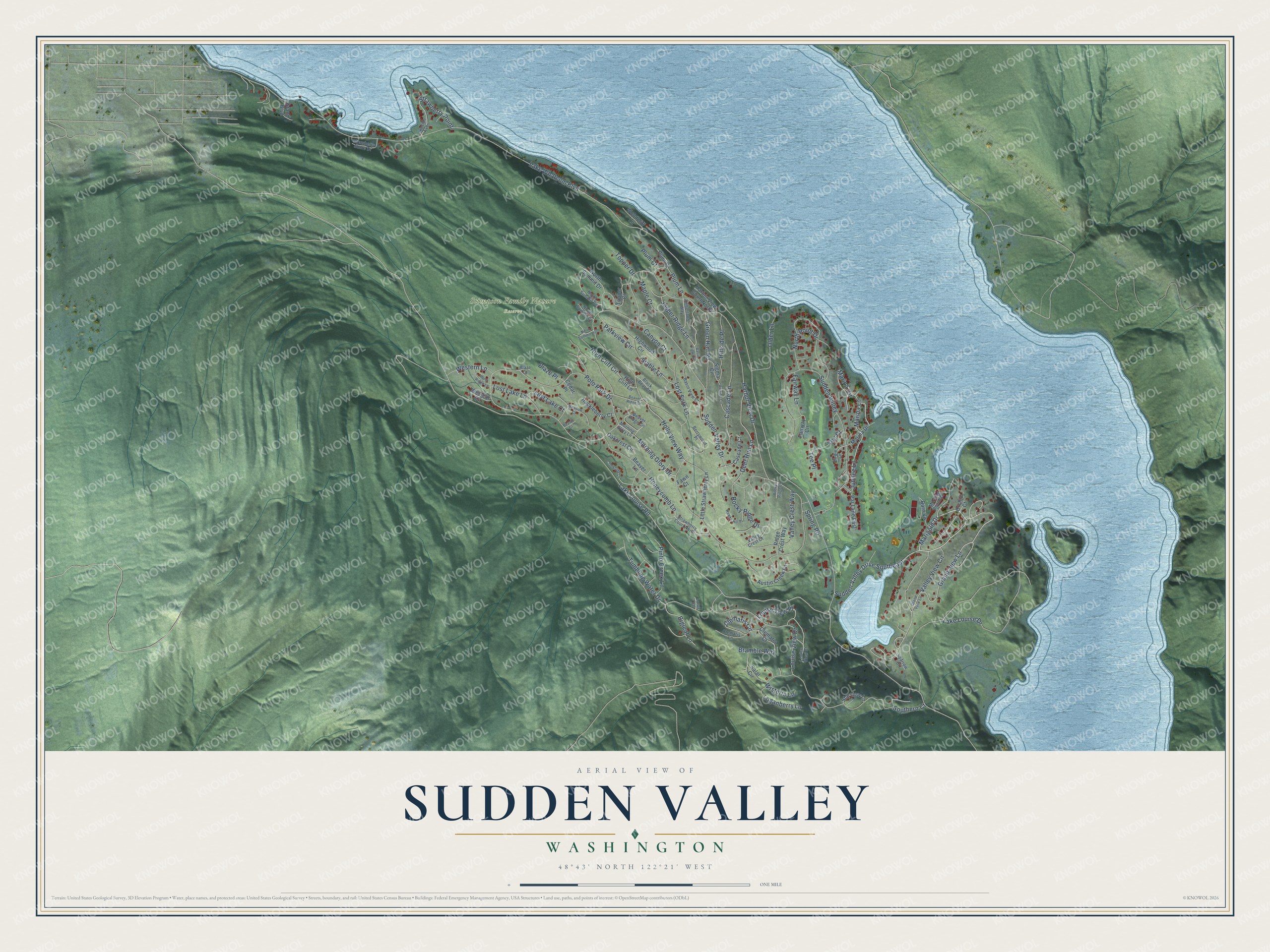 Full map of Sudden Valley, Washington, with red buildings, printed street names and the land around them