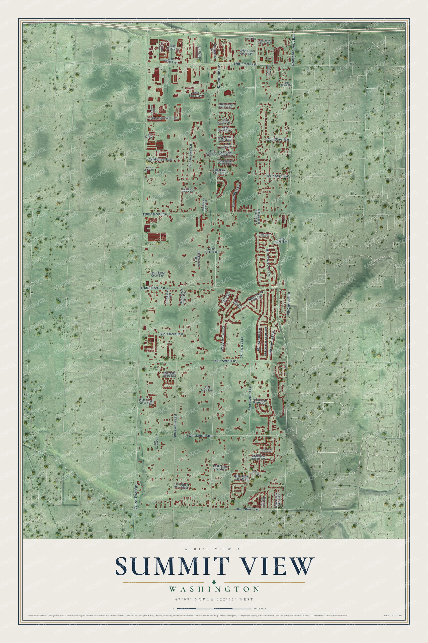 Full map of Summit View, Washington, with red buildings, printed street names and the land around them