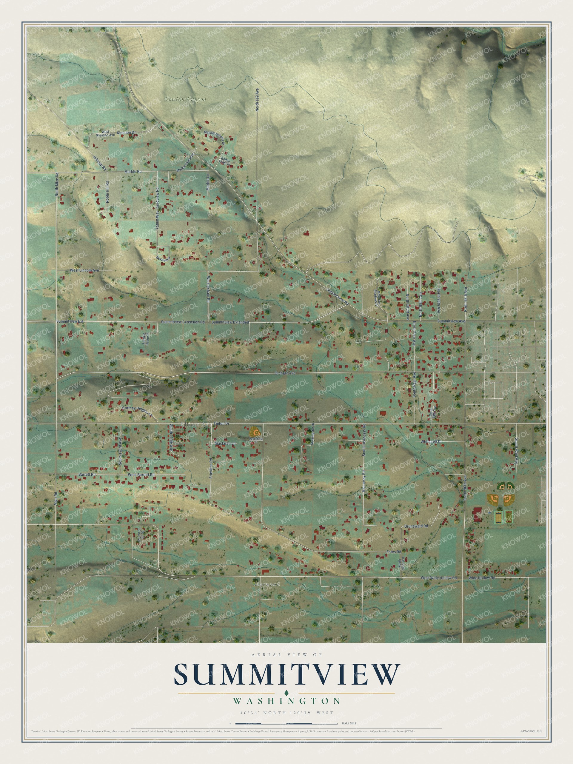 Full map of Summitview, Washington, with red buildings, printed street names and the land around them