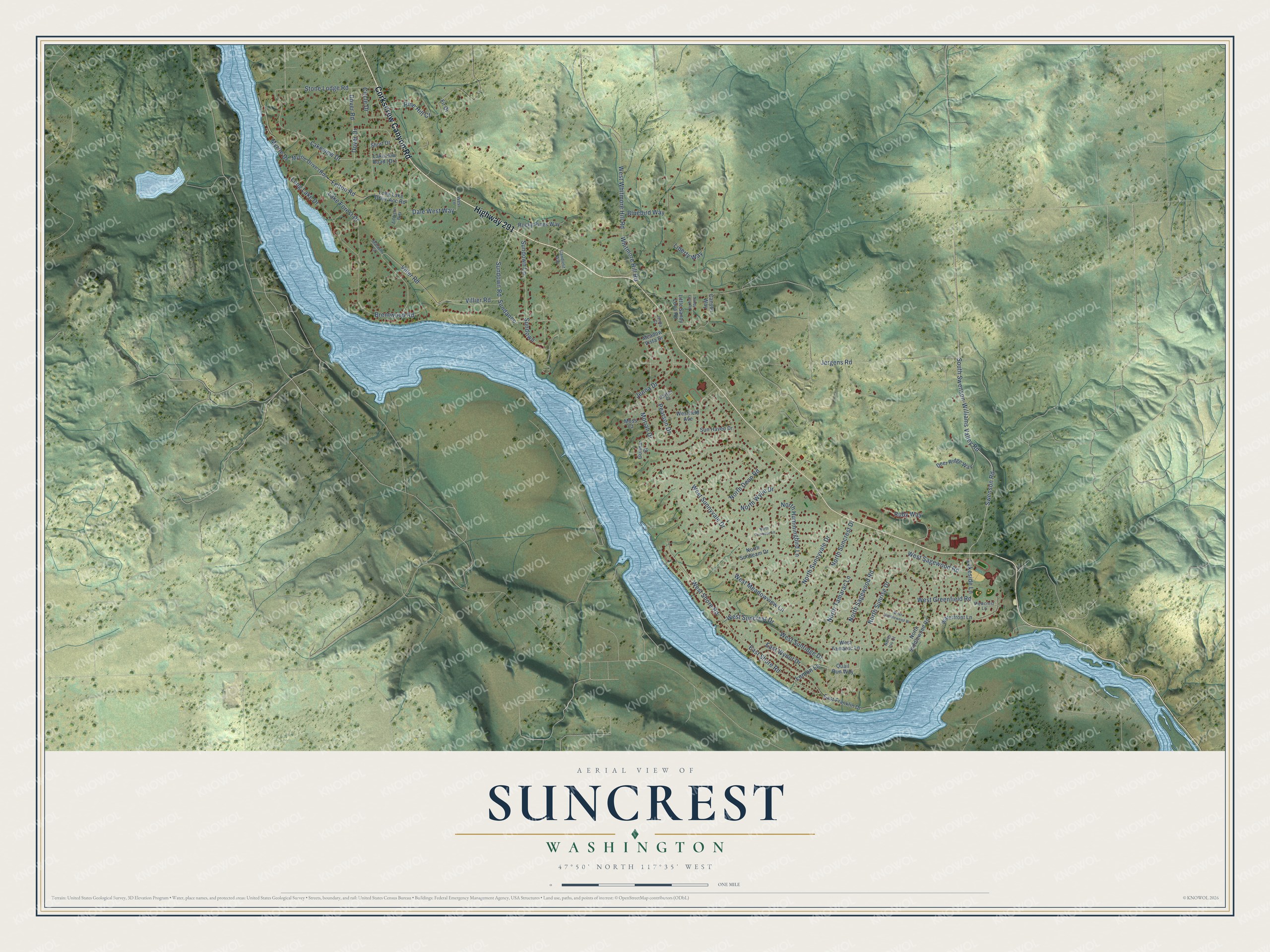 Full map of Suncrest, Washington, with red buildings, printed street names and the land around them