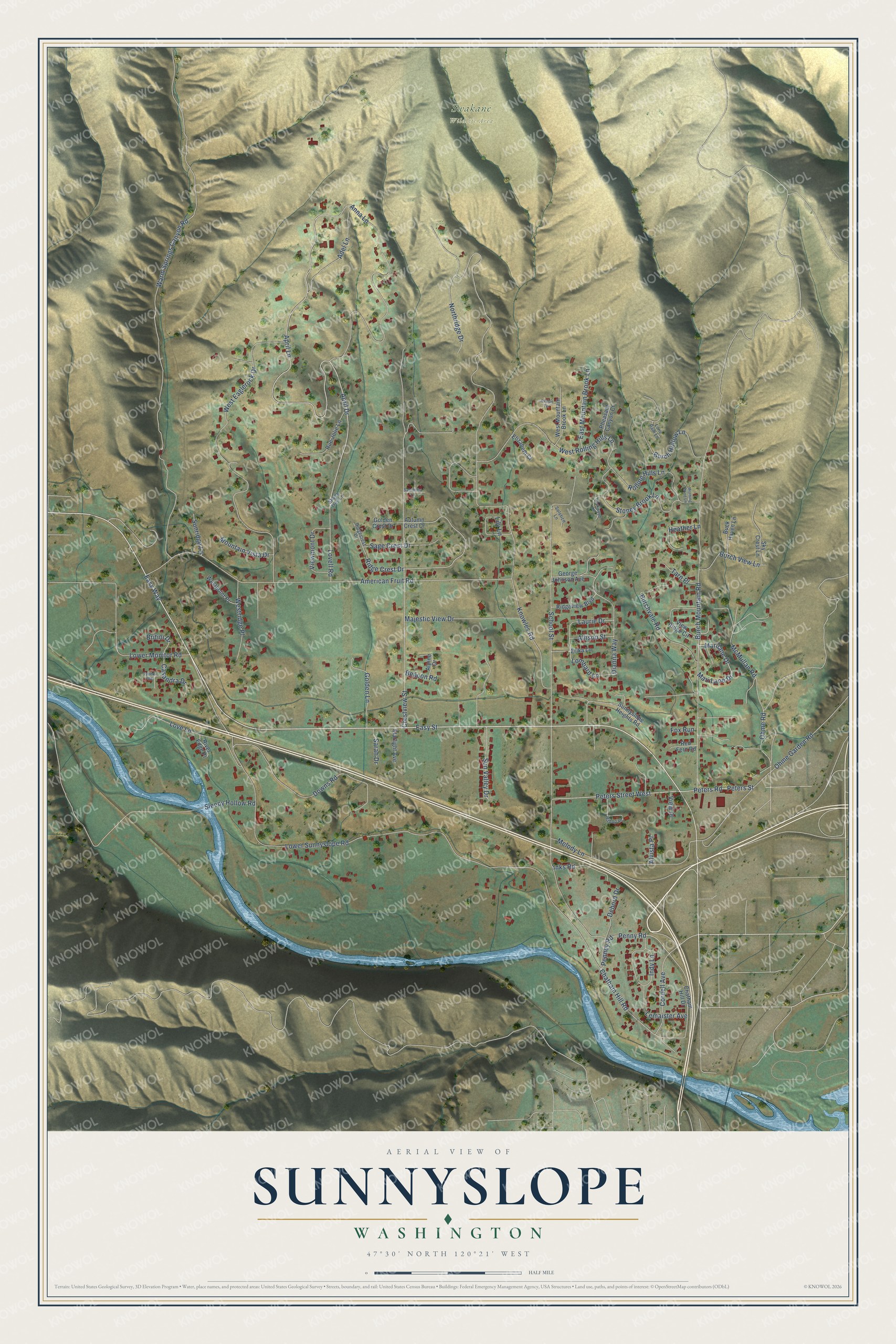 Full map of Sunnyslope, Washington, with red buildings, printed street names and the land around them