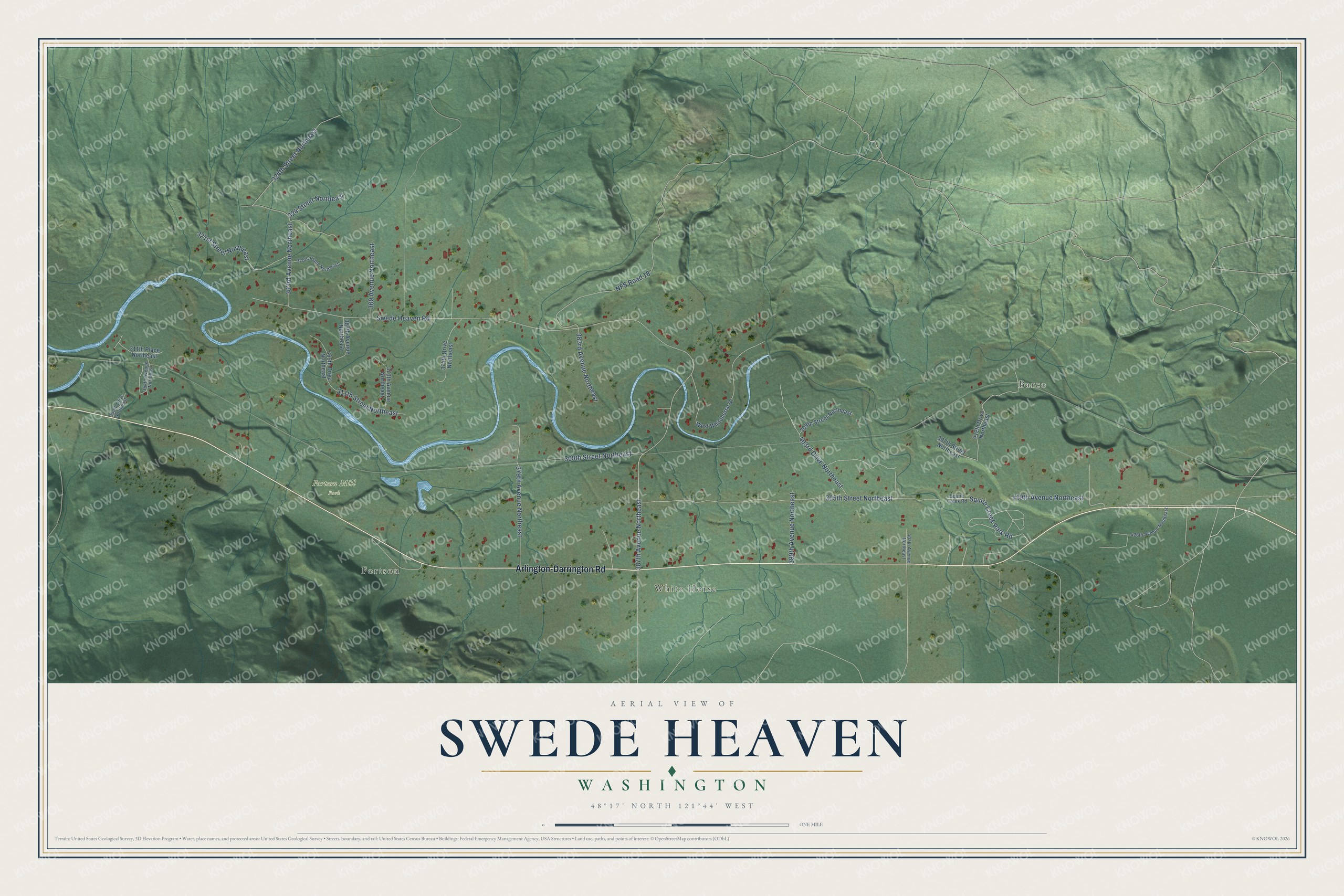 Full map of Swede Heaven, Washington, with red buildings, printed street names and the land around them