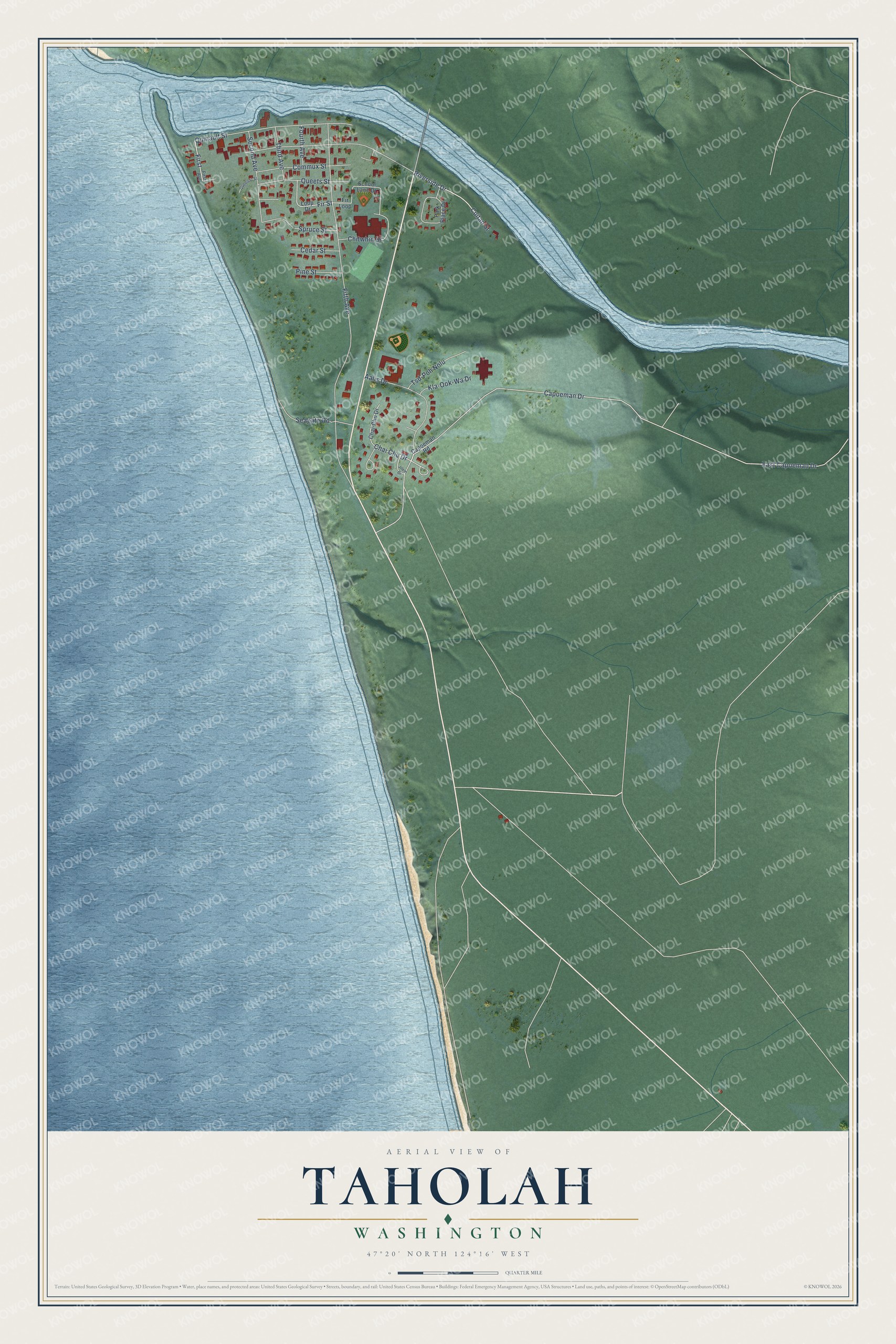 Full map of Taholah, Washington, with red buildings, printed street names and the land around them