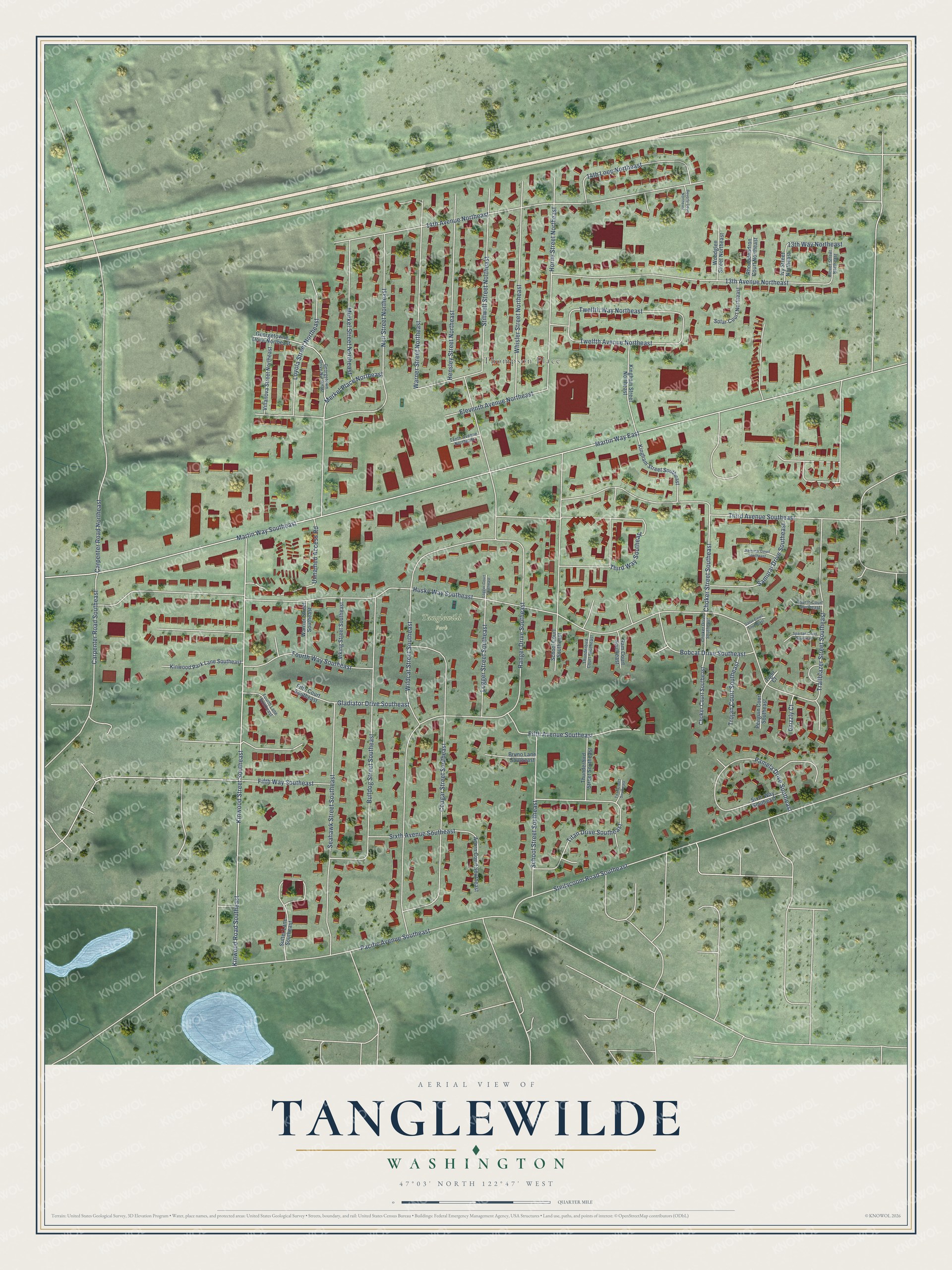 Full map of Tanglewilde, Washington, with red buildings, printed street names and the land around them