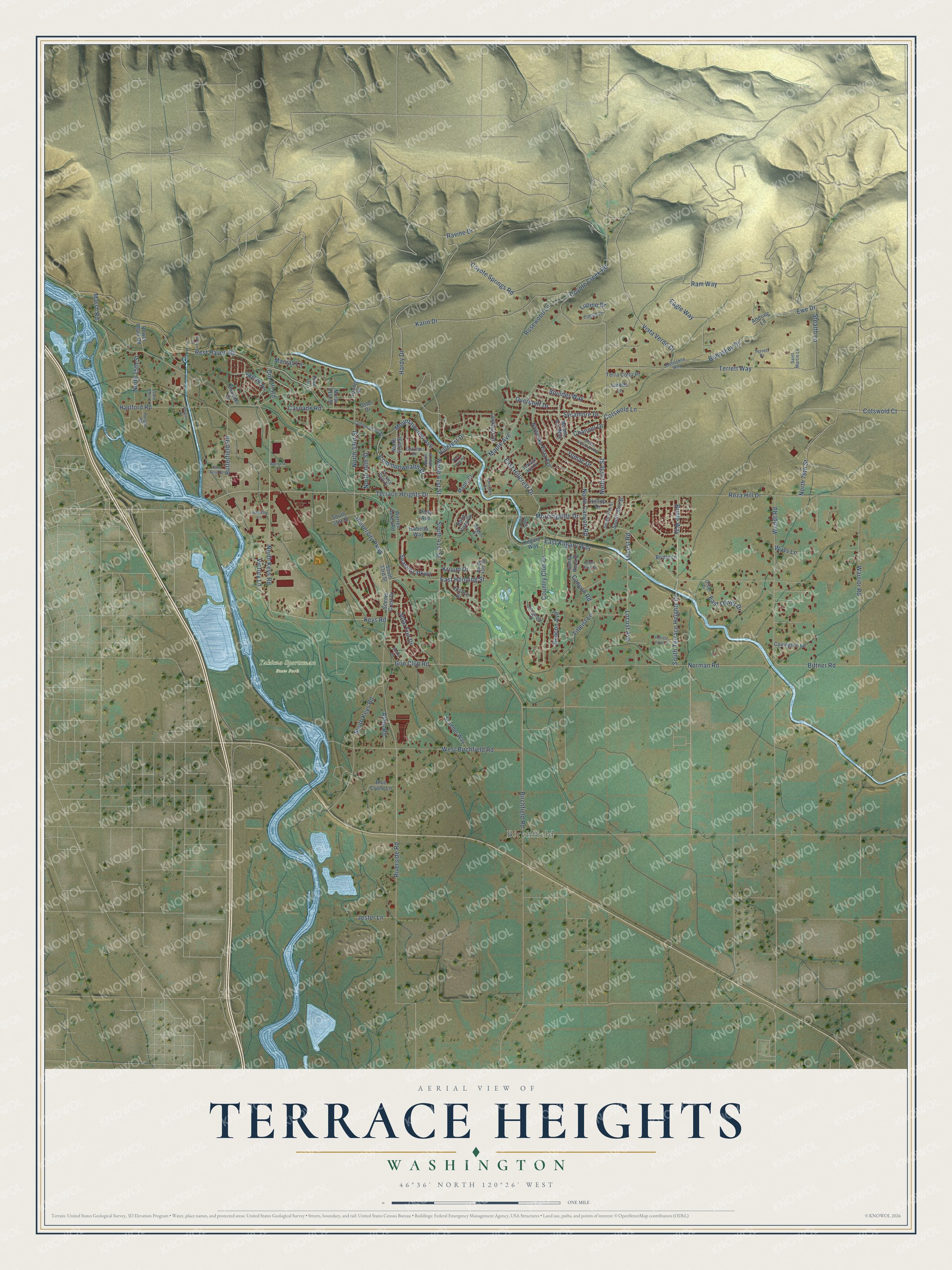 Full map of Terrace Heights, Washington, with red buildings, printed street names and the land around them