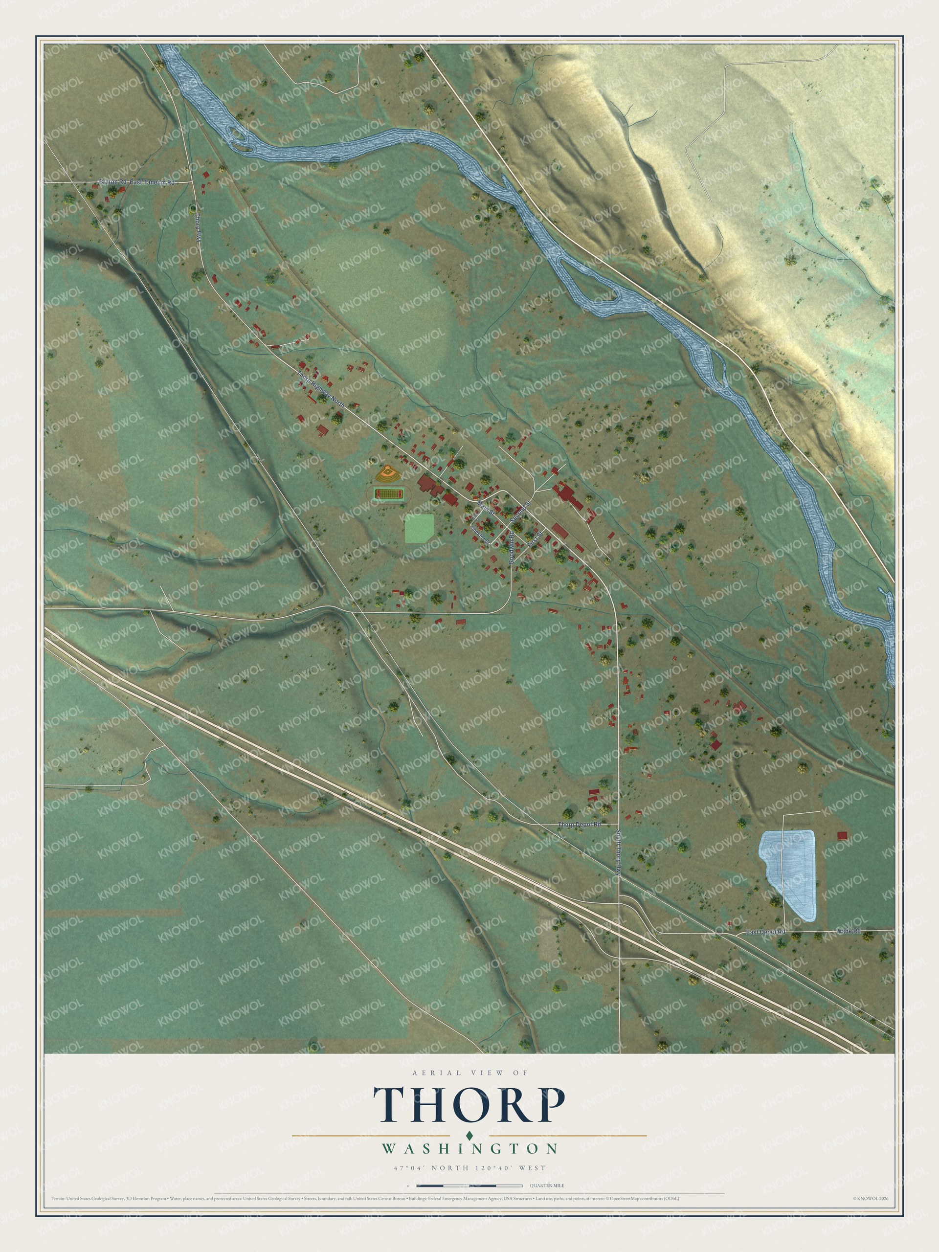 Full map of Thorp, Washington, with red buildings, printed street names and the land around them
